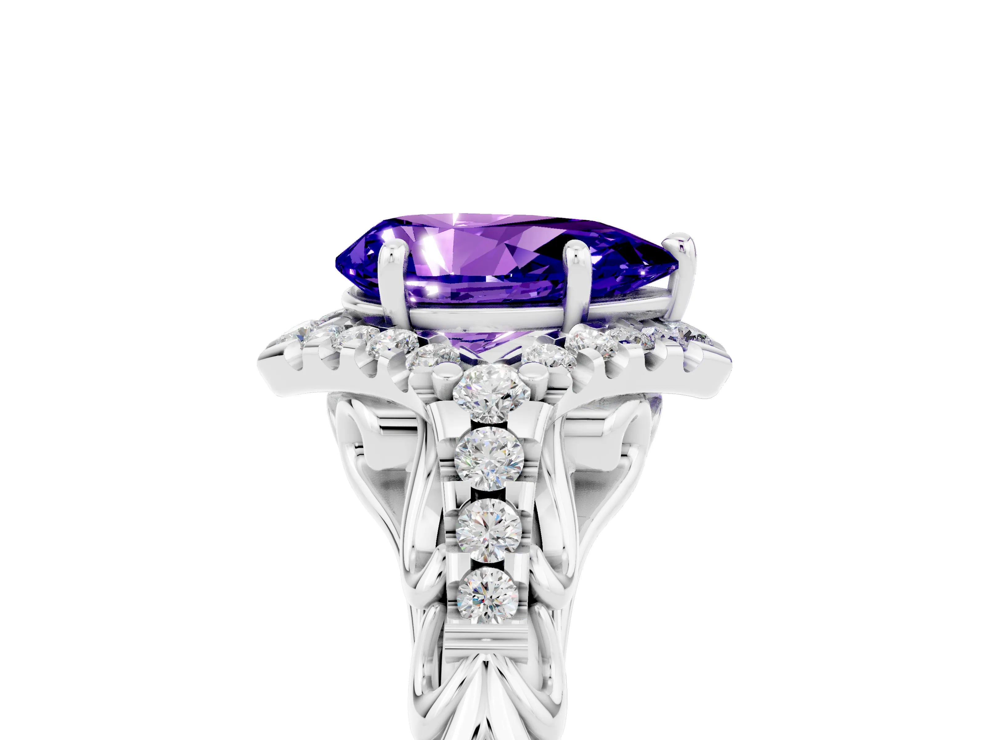 White gold Pear Cut Tanzanite Solitaire Ring with Hidden Halo and Pavé Band_23