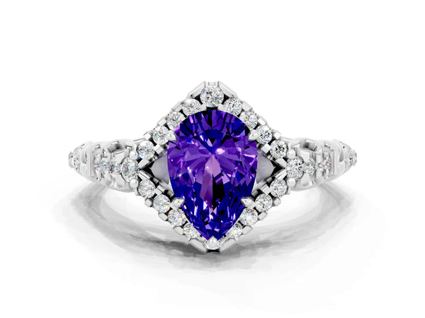 Platinum Pear Cut Tanzanite Solitaire Ring with Hidden Halo and Pavé Band