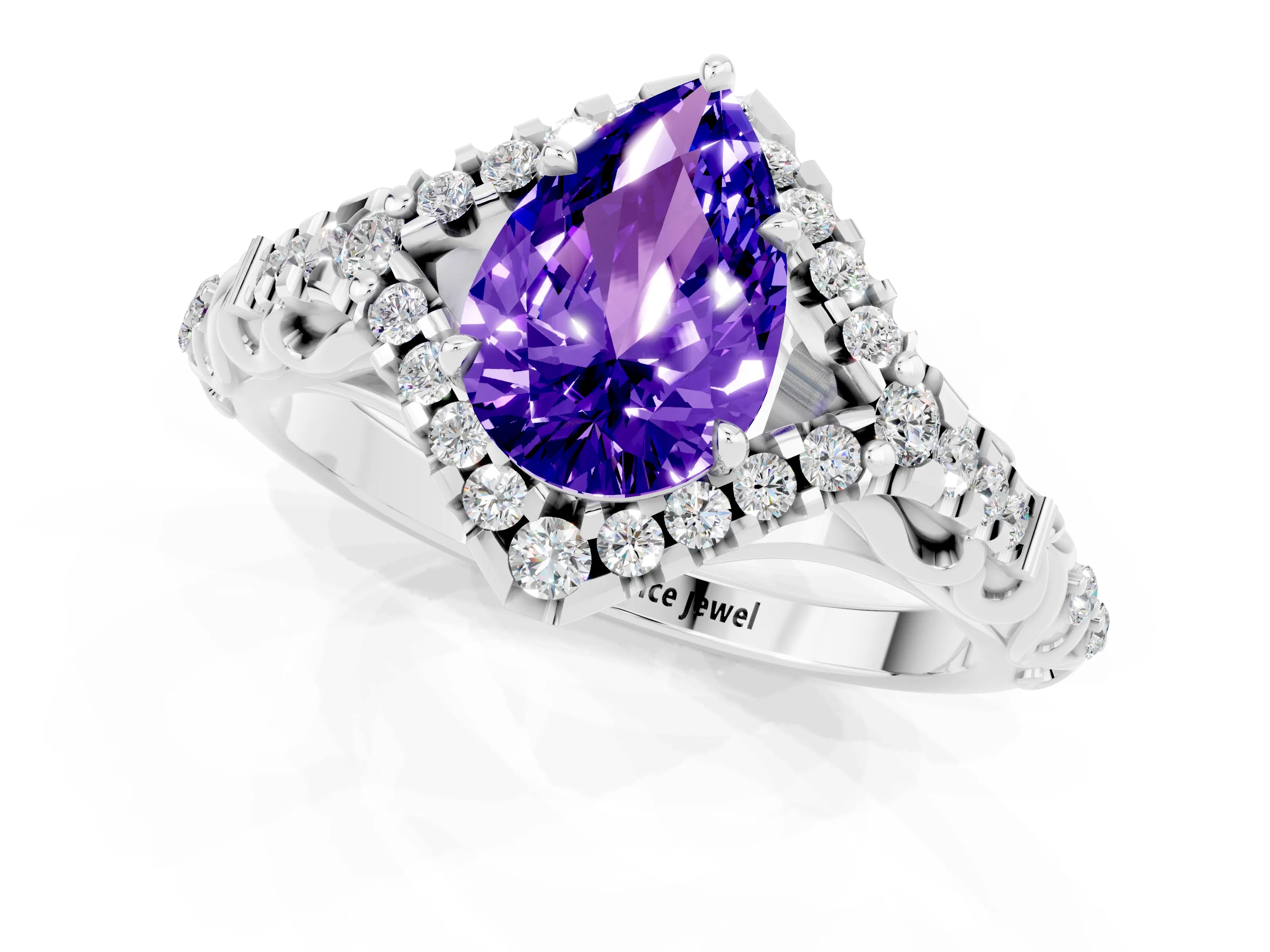 White gold Pear Cut Tanzanite Solitaire Ring with Hidden Halo and Pavé Band_33