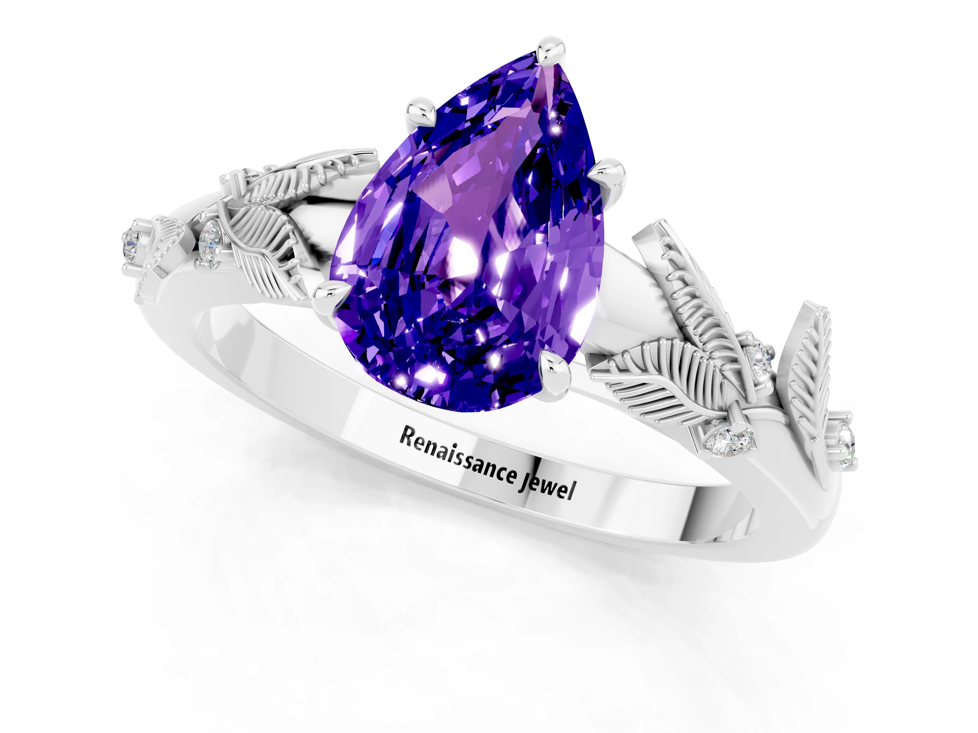 White gold Pear Cut Tanzanite Solitaire Ring with Leaf Motif Band and Four-Prong Setting_1