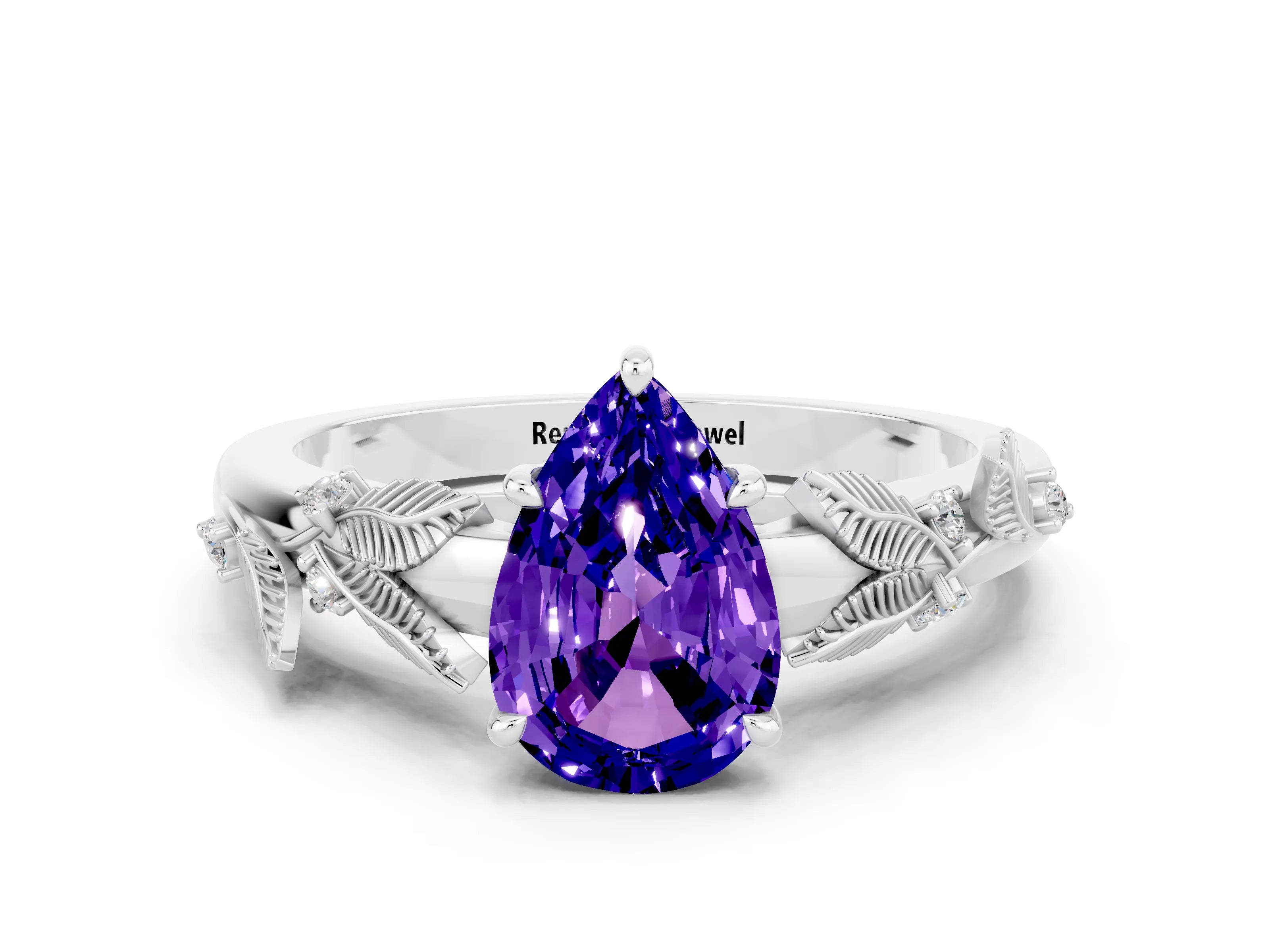 White gold Pear Cut Tanzanite Solitaire Ring with Leaf Motif Band and Four-Prong Setting_12