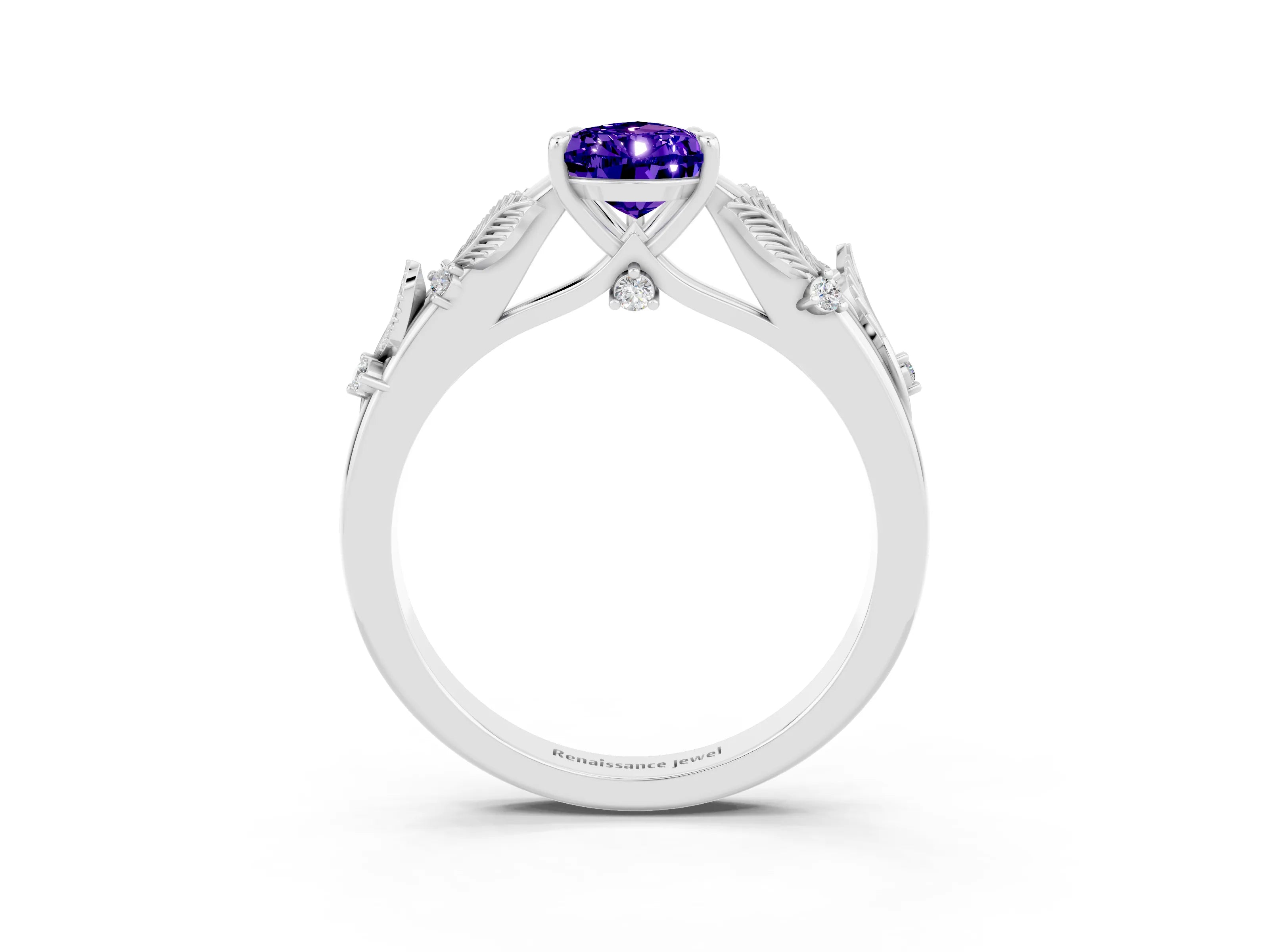 White gold Pear Cut Tanzanite Solitaire Ring with Leaf Motif Band and Four-Prong Setting_15
