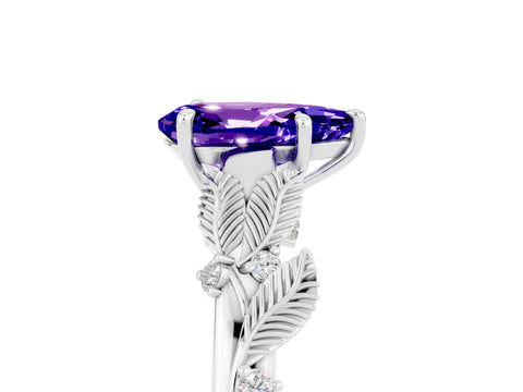 White gold Pear Cut Tanzanite Solitaire Ring with Leaf Motif Band and Four-Prong Setting_17