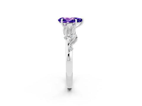 White gold Pear Cut Tanzanite Solitaire Ring with Leaf Motif Band and Four-Prong Setting_2
