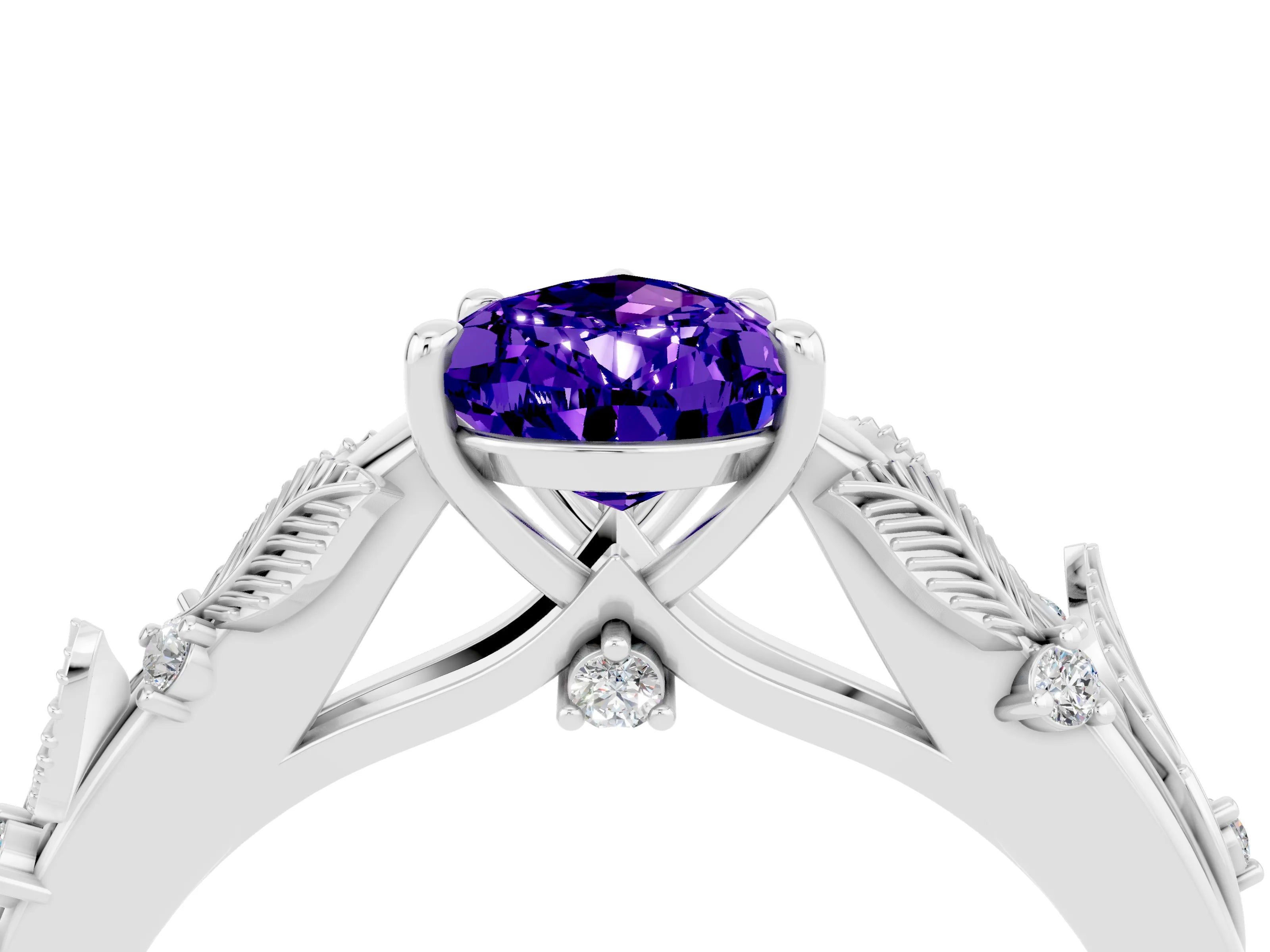 White gold Pear Cut Tanzanite Solitaire Ring with Leaf Motif Band and Four-Prong Setting_4
