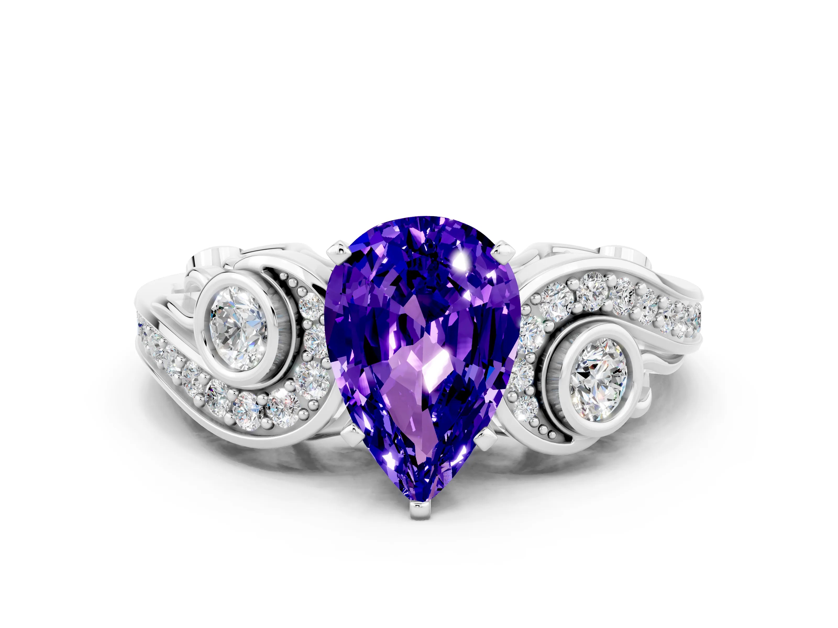 White gold Pear Cut Tanzanite Solitaire Ring with Milgrain Pavé Band and Four-Prong Setting_24
