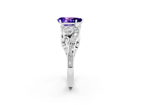 White gold Pear Cut Tanzanite Solitaire Ring with Milgrain Pavé Band and Four-Prong Setting_26