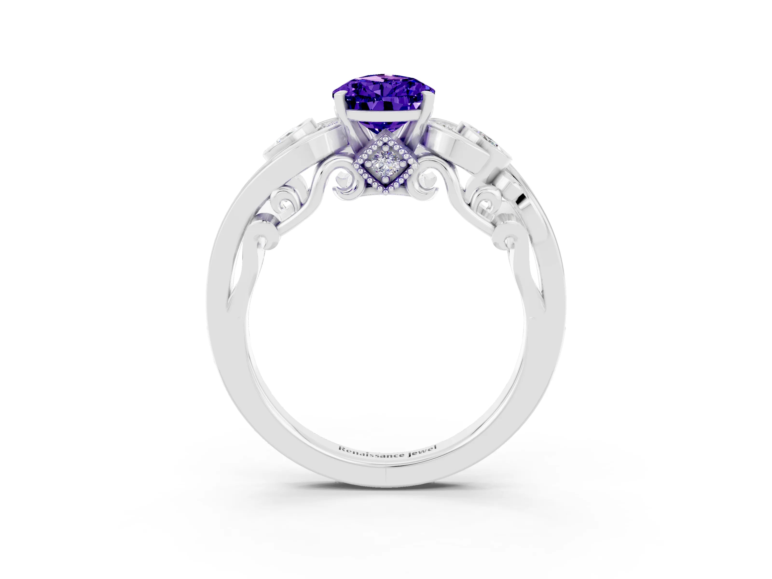 White gold Pear Cut Tanzanite Solitaire Ring with Milgrain Pavé Band and Four-Prong Setting_27