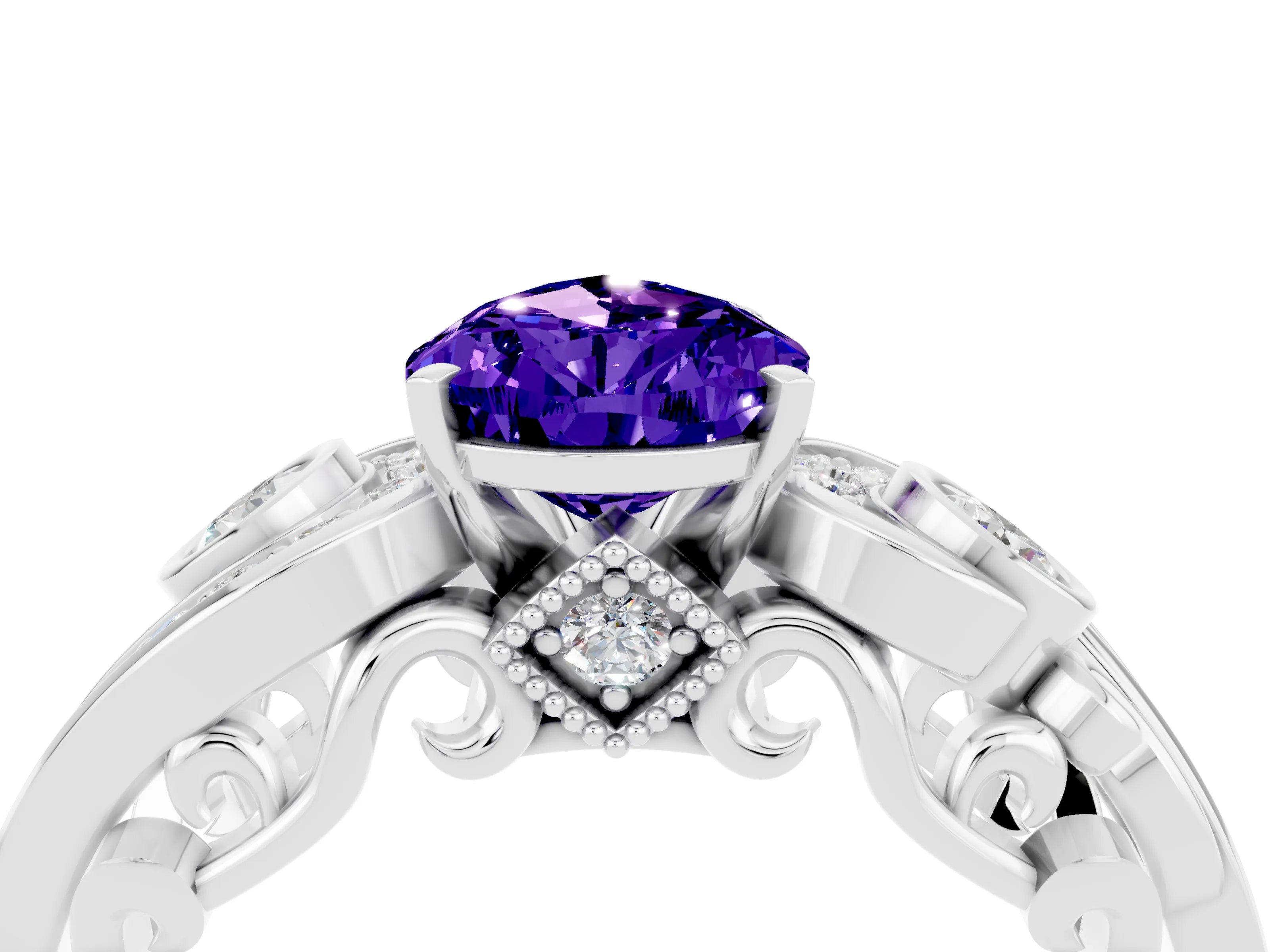 White gold Pear Cut Tanzanite Solitaire Ring with Milgrain Pavé Band and Four-Prong Setting_28