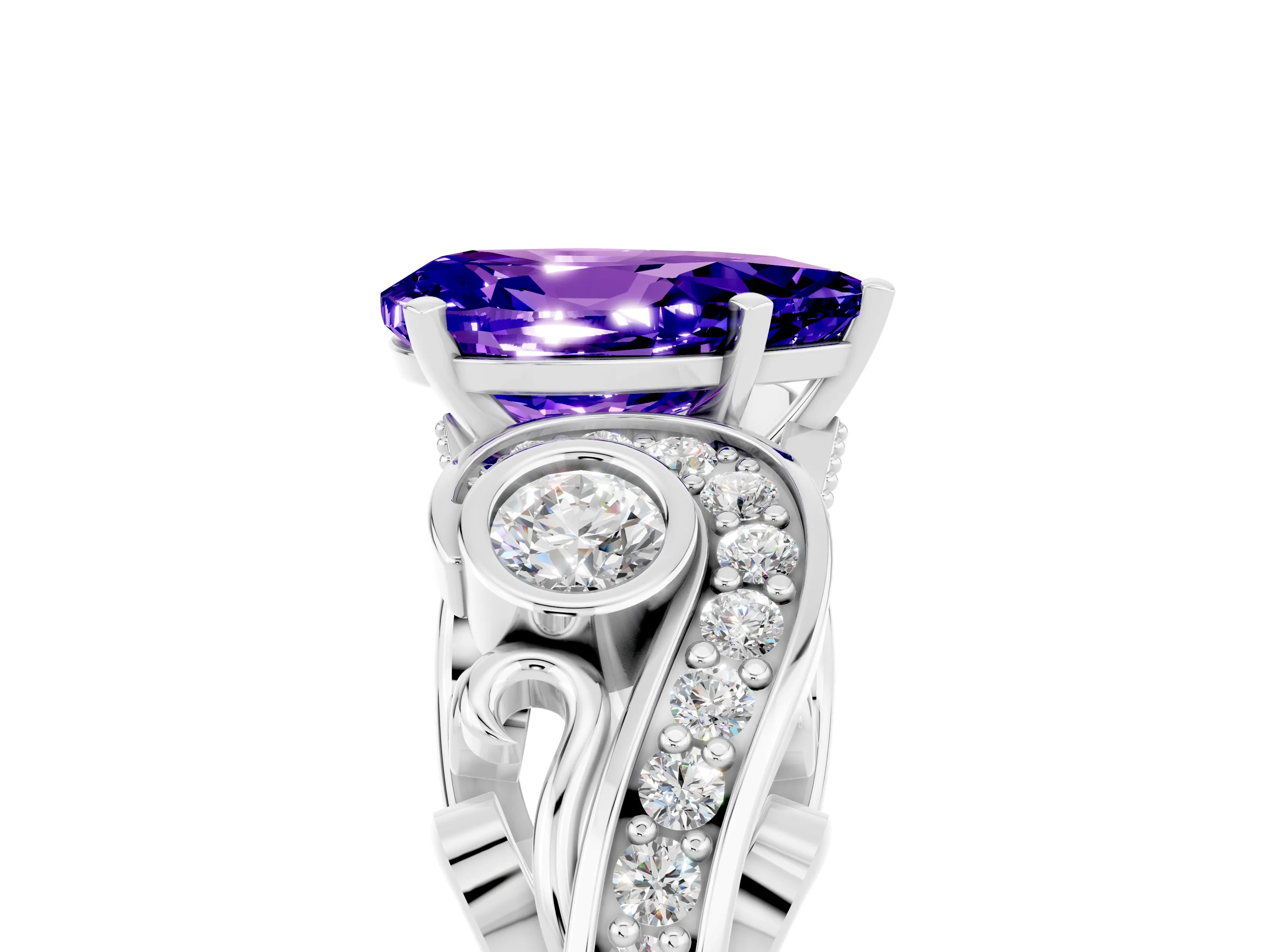 White gold Pear Cut Tanzanite Solitaire Ring with Milgrain Pavé Band and Four-Prong Setting_29