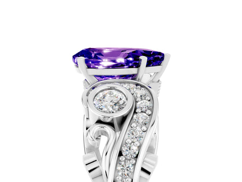 White gold Pear Cut Tanzanite Solitaire Ring with Milgrain Pavé Band and Four-Prong Setting_29