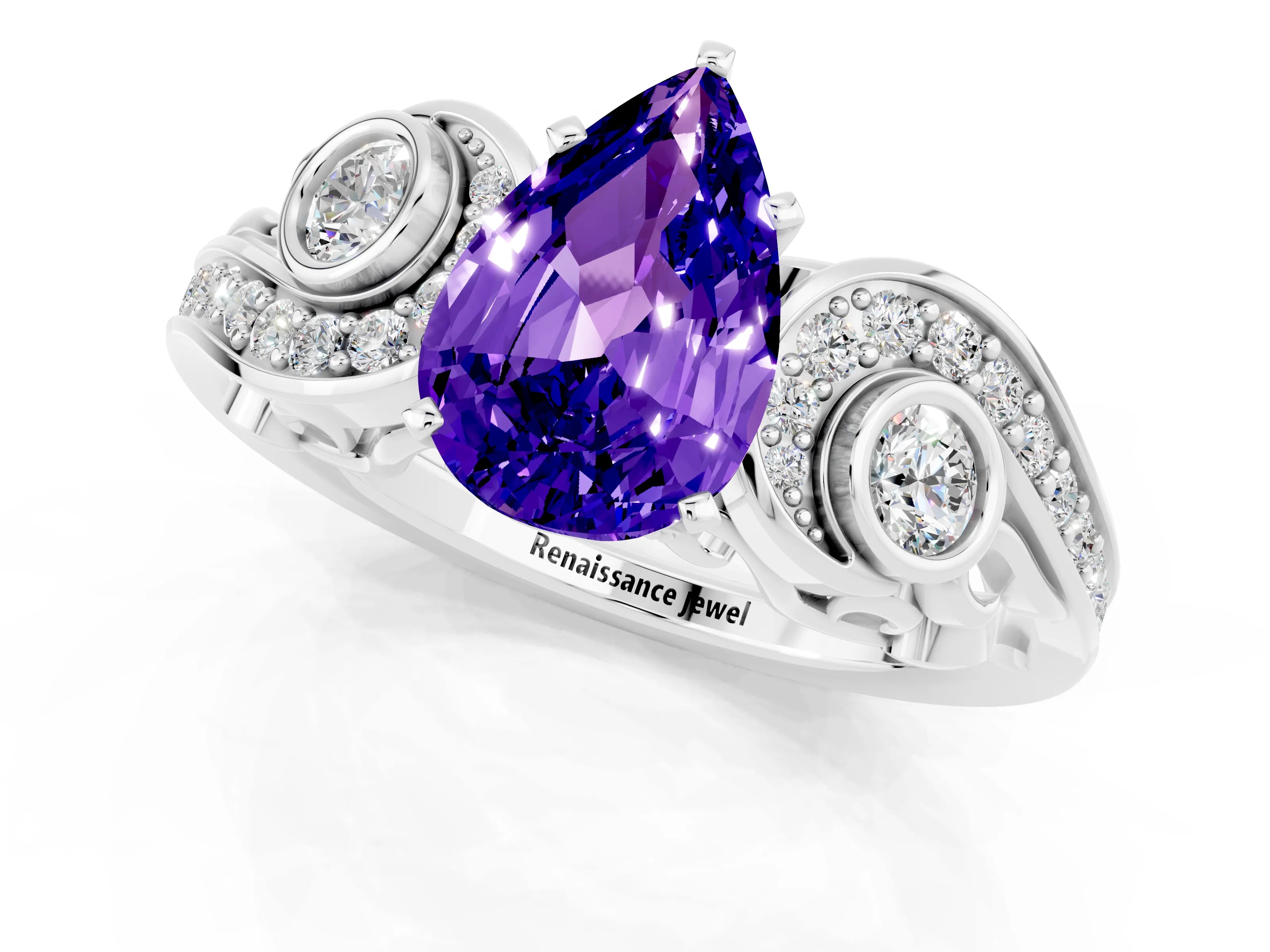 White gold Pear Cut Tanzanite Solitaire Ring with Milgrain Pavé Band and Four-Prong Setting_37
