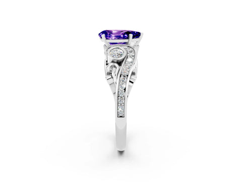 White gold Pear Cut Tanzanite Solitaire Ring with Milgrain Pavé Band and Four-Prong Setting_38