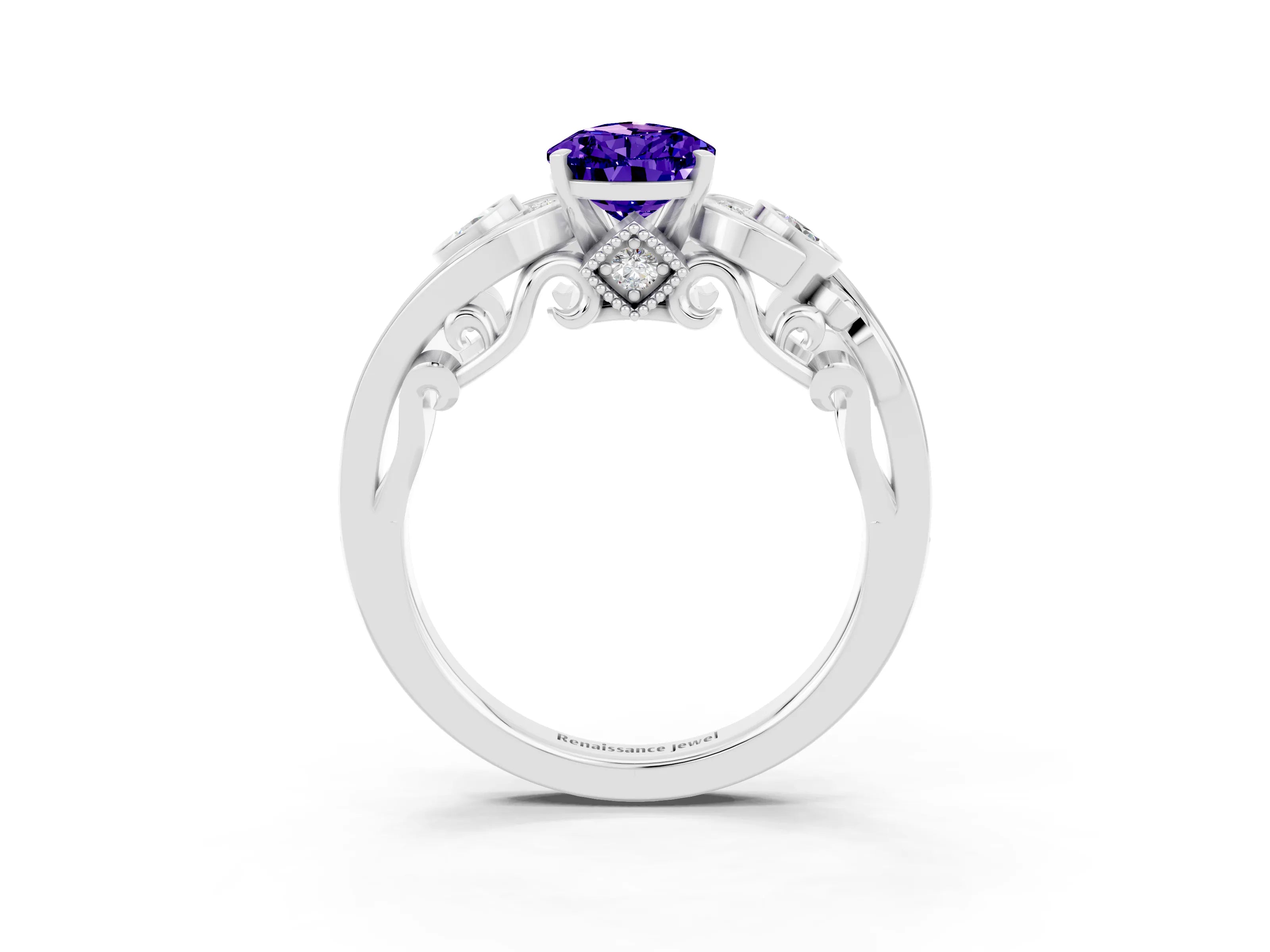 White gold Pear Cut Tanzanite Solitaire Ring with Milgrain Pavé Band and Four-Prong Setting_39