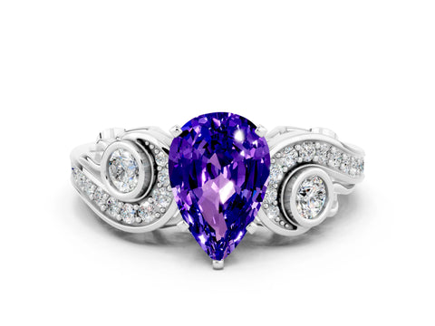 White gold Pear Cut Tanzanite Solitaire Ring with Milgrain Pavé Band and Four-Prong Setting_60