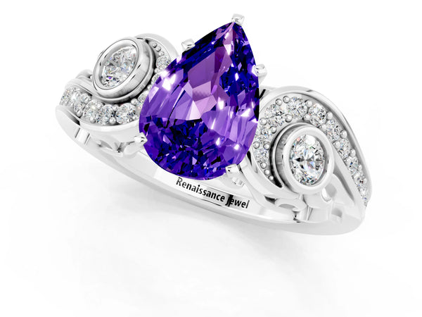 White gold Pear Cut Tanzanite Solitaire Ring with Milgrain Pavé Band and Four-Prong Setting
