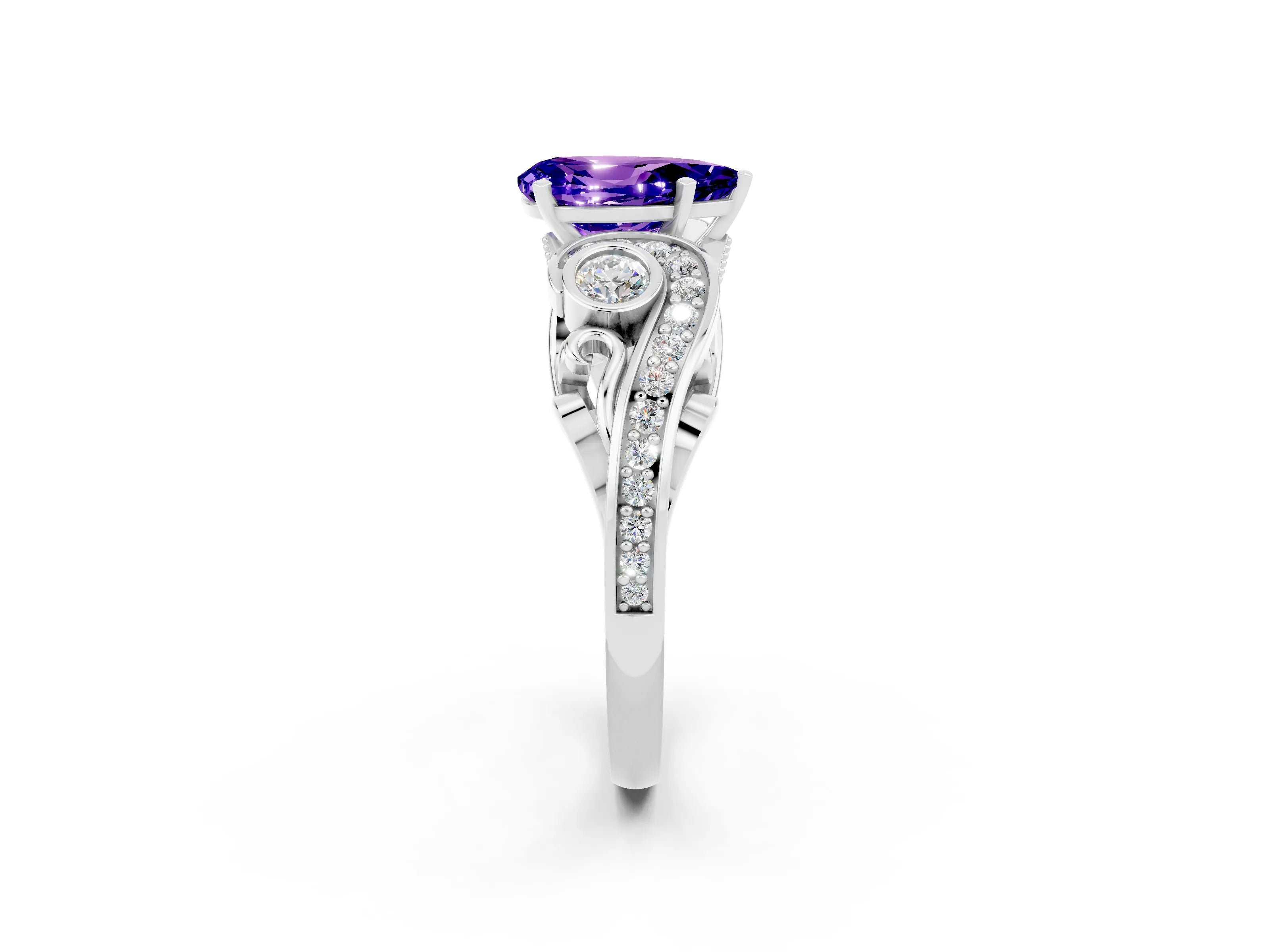 White gold Pear Cut Tanzanite Solitaire Ring with Milgrain Pavé Band and Four-Prong Setting_62