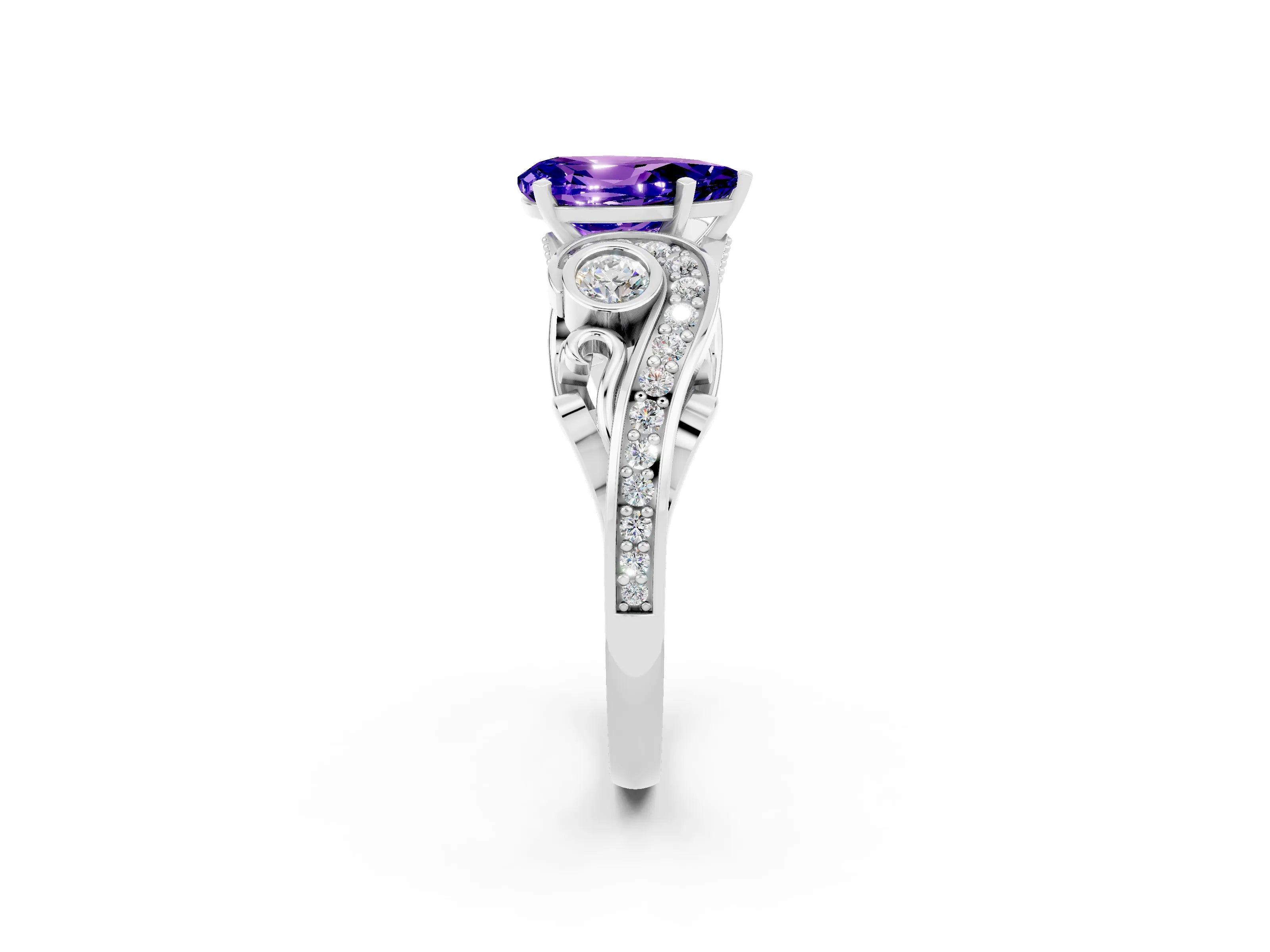 White gold Pear Cut Tanzanite Solitaire Ring with Milgrain Pavé Band and Four-Prong Setting_74