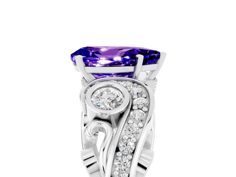 White gold Pear Cut Tanzanite Solitaire Ring with Milgrain Pavé Band and Four-Prong Setting_77