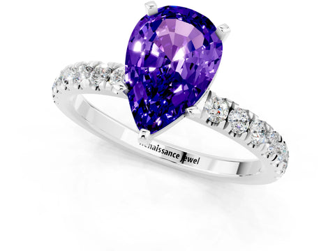 White gold Pear Cut Tanzanite Solitaire Ring with Pavé Accents and Four-Prong Setting_1
