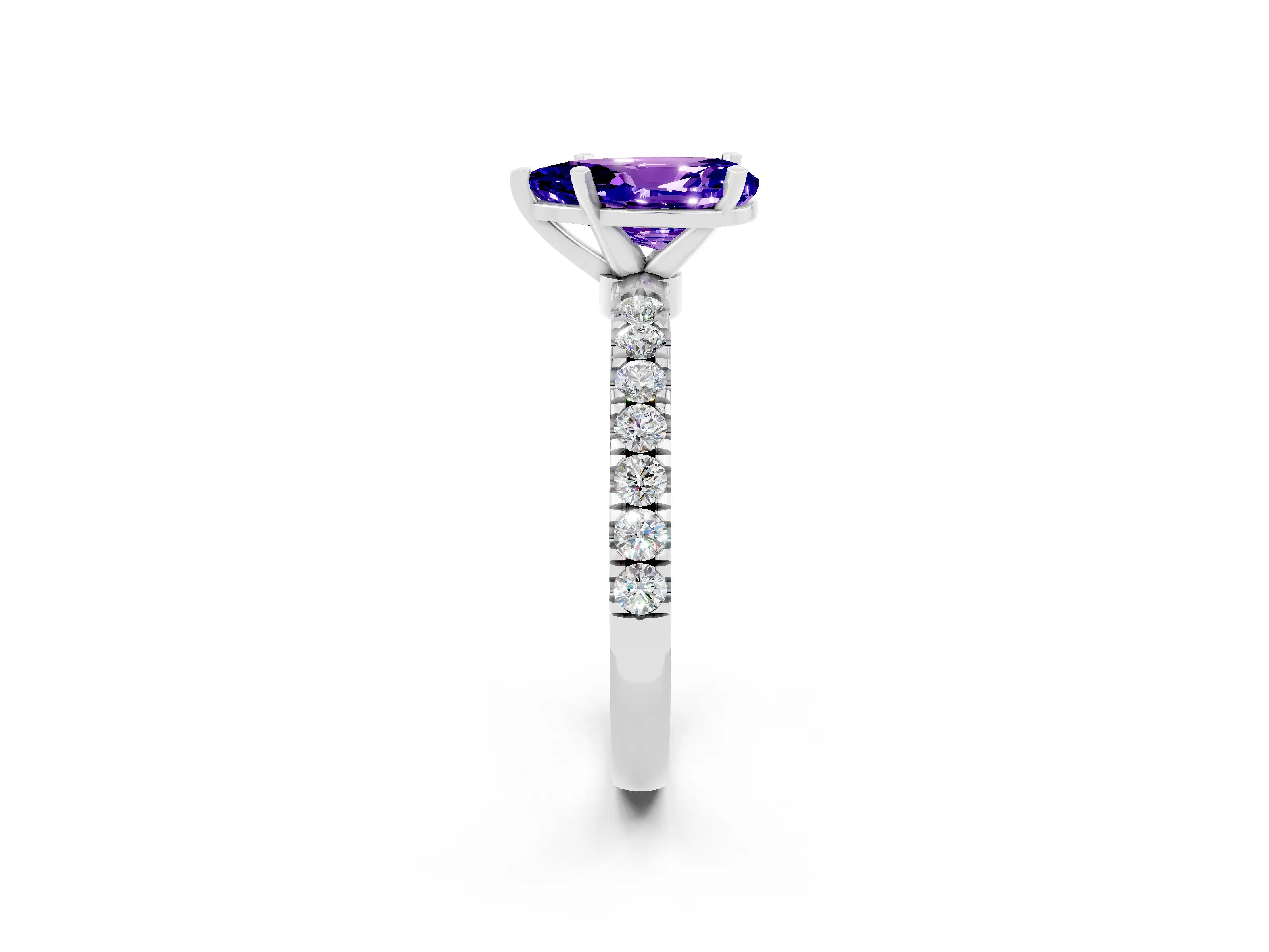 White gold Pear Cut Tanzanite Solitaire Ring with Pavé Accents and Four-Prong Setting_2