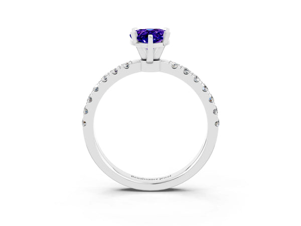White gold Pear Cut Tanzanite Solitaire Ring with Pavé Accents and Four-Prong Setting