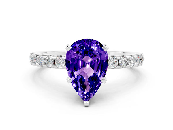 Silver Pear Cut Tanzanite Solitaire Ring with Round  Pavé Band and Four-Prong Setting