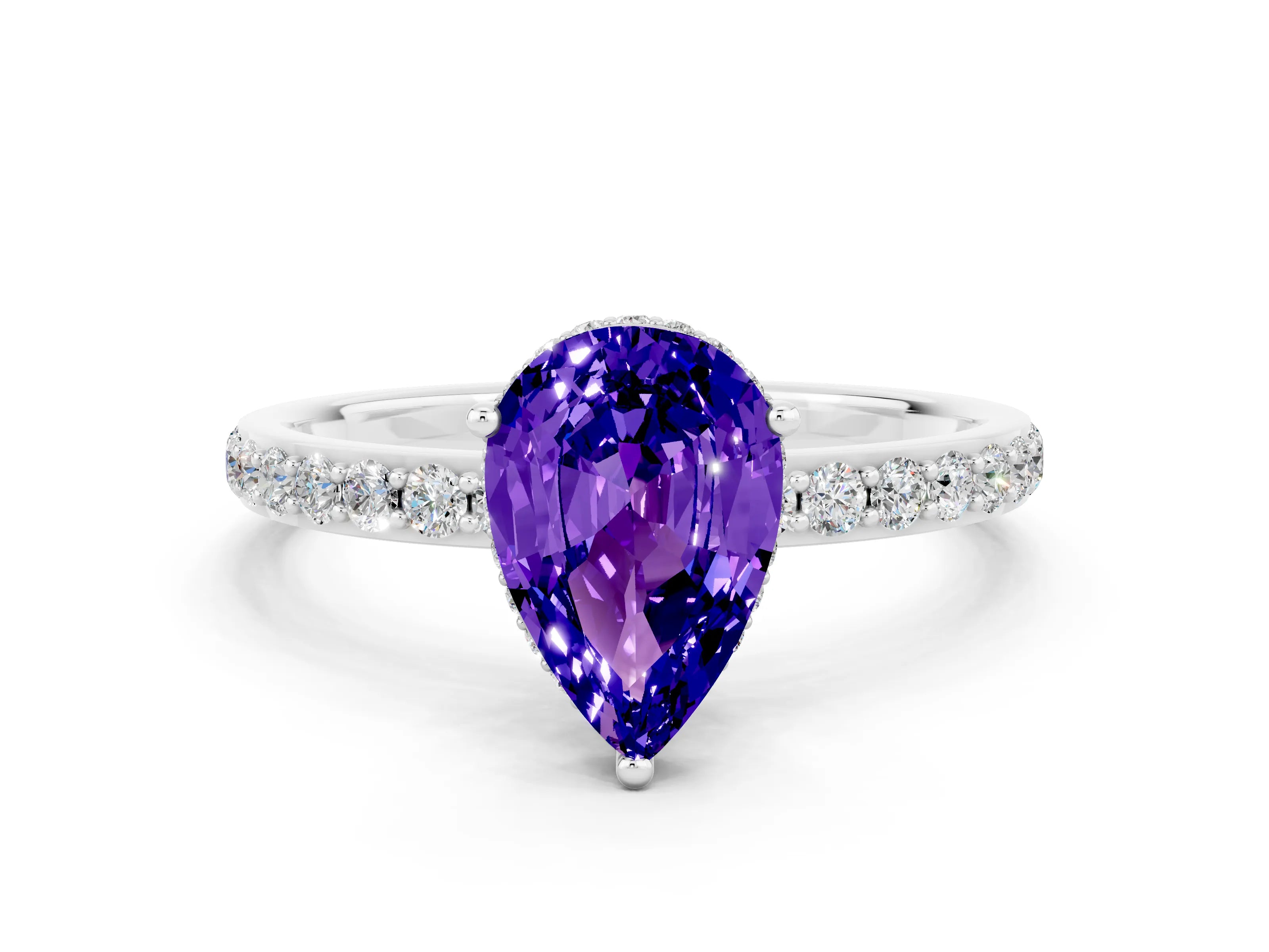 White gold Pear Cut Tanzanite Solitaire Ring with Pavé Band and Hidden Halo_24