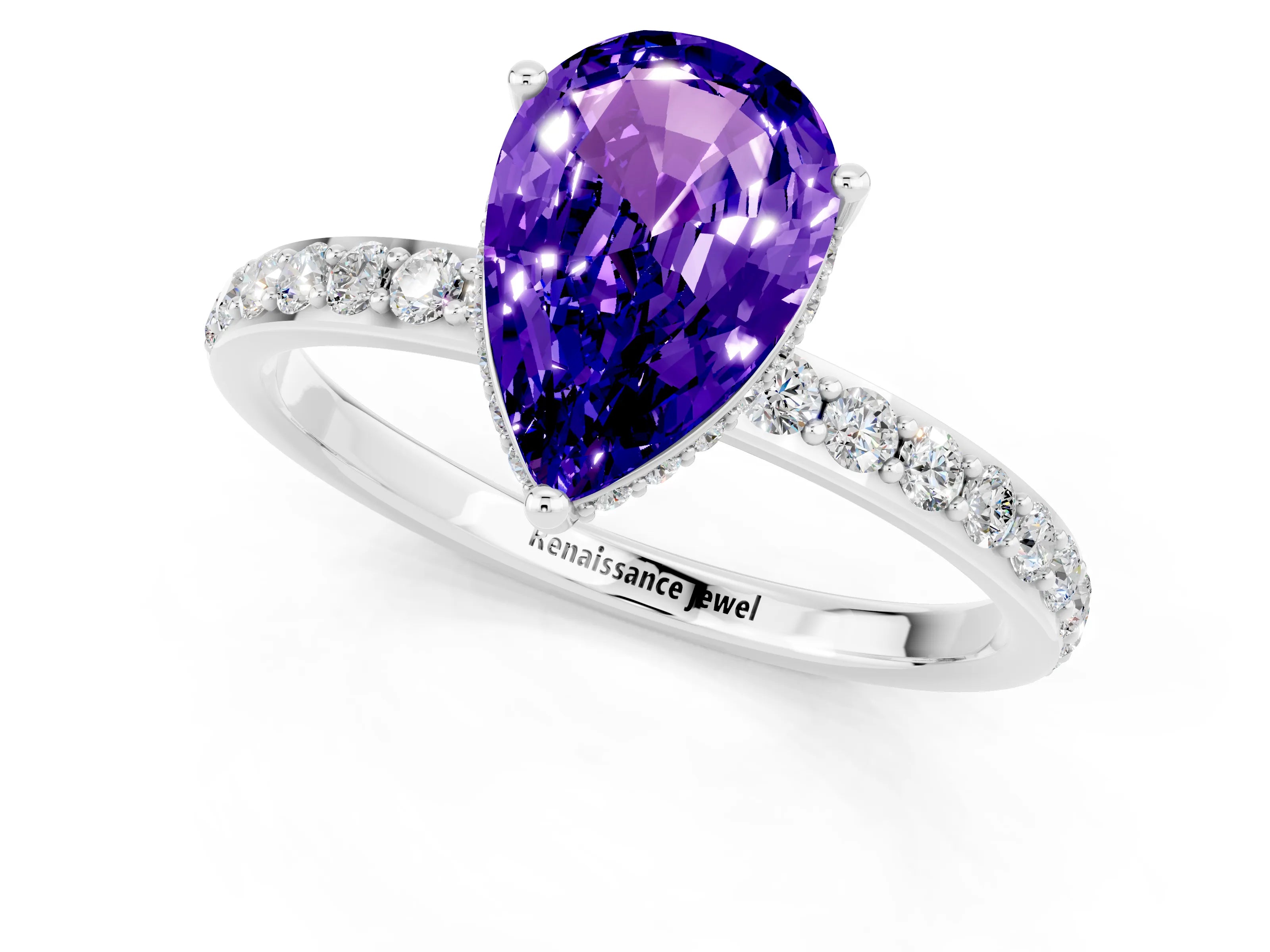 White gold Pear Cut Tanzanite Solitaire Ring with Pavé Band and Hidden Halo_25