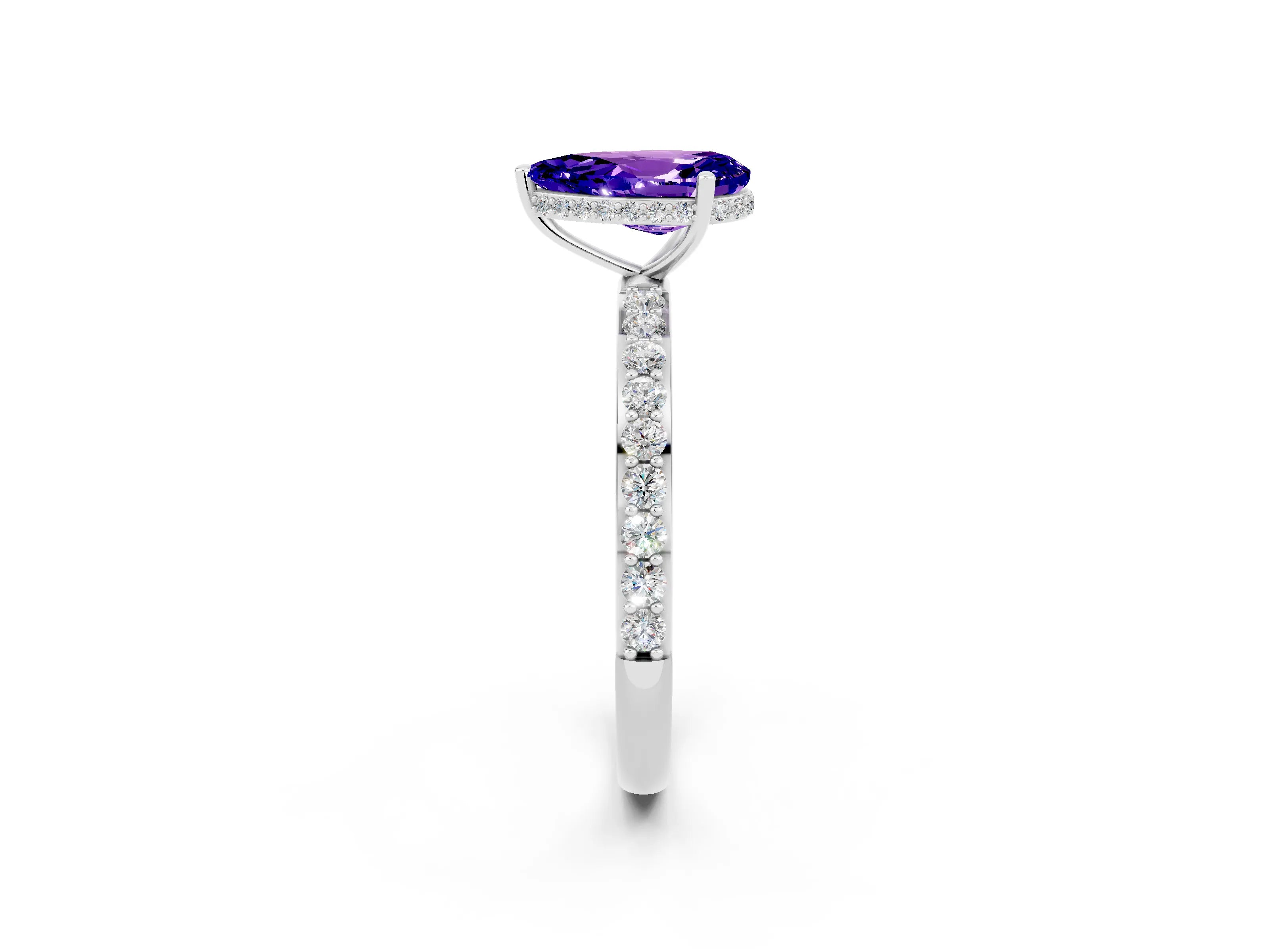 White gold Pear Cut Tanzanite Solitaire Ring with Pavé Band and Hidden Halo_26