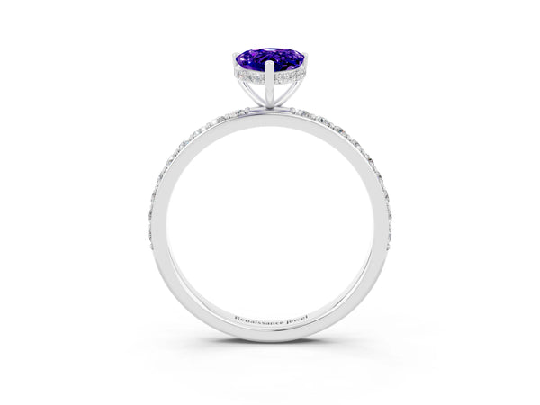 White gold Pear Cut Tanzanite Solitaire Ring with Pavé Band and Hidden Halo
