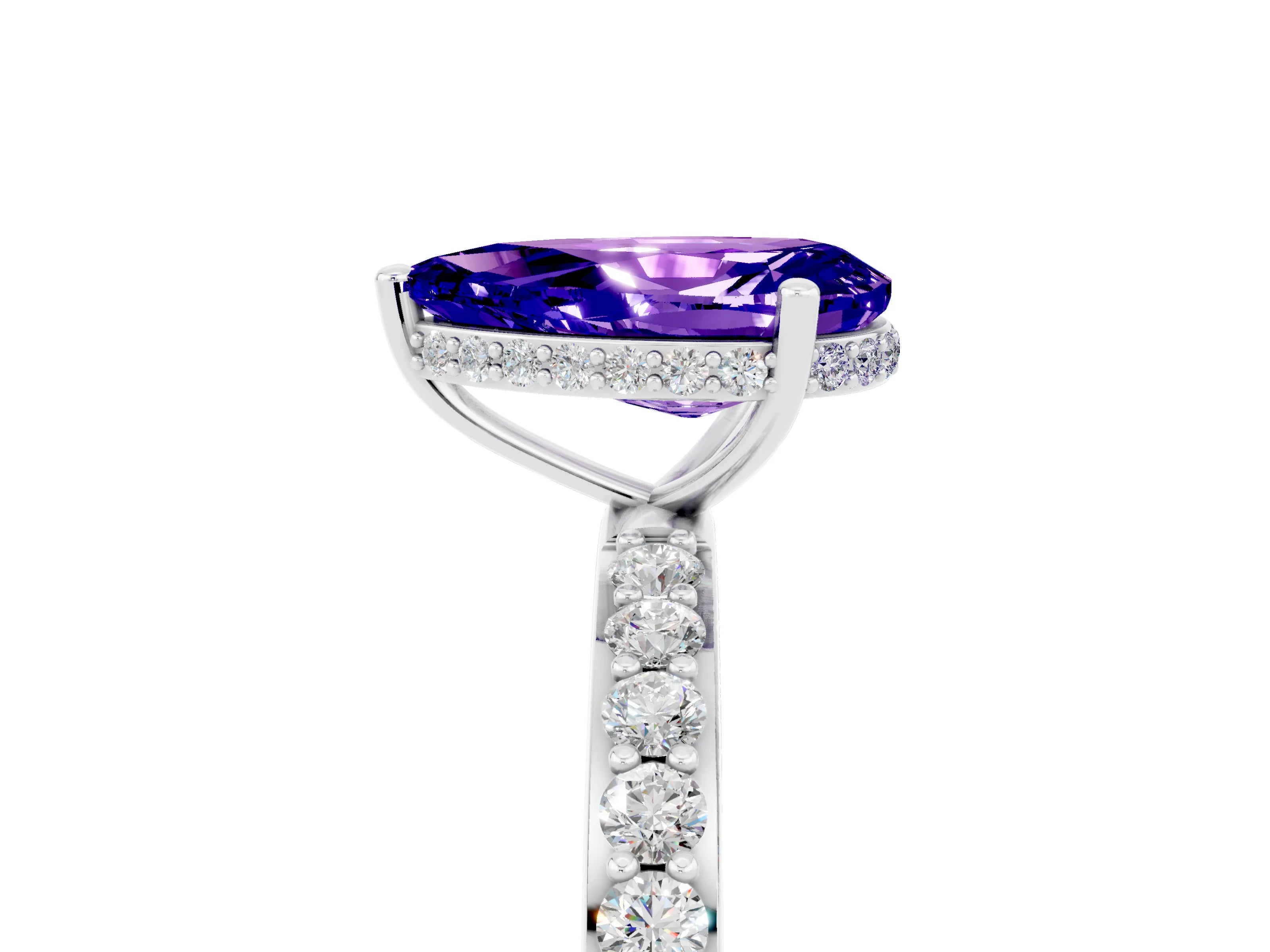 White gold Pear Cut Tanzanite Solitaire Ring with Pavé Band and Hidden Halo_5