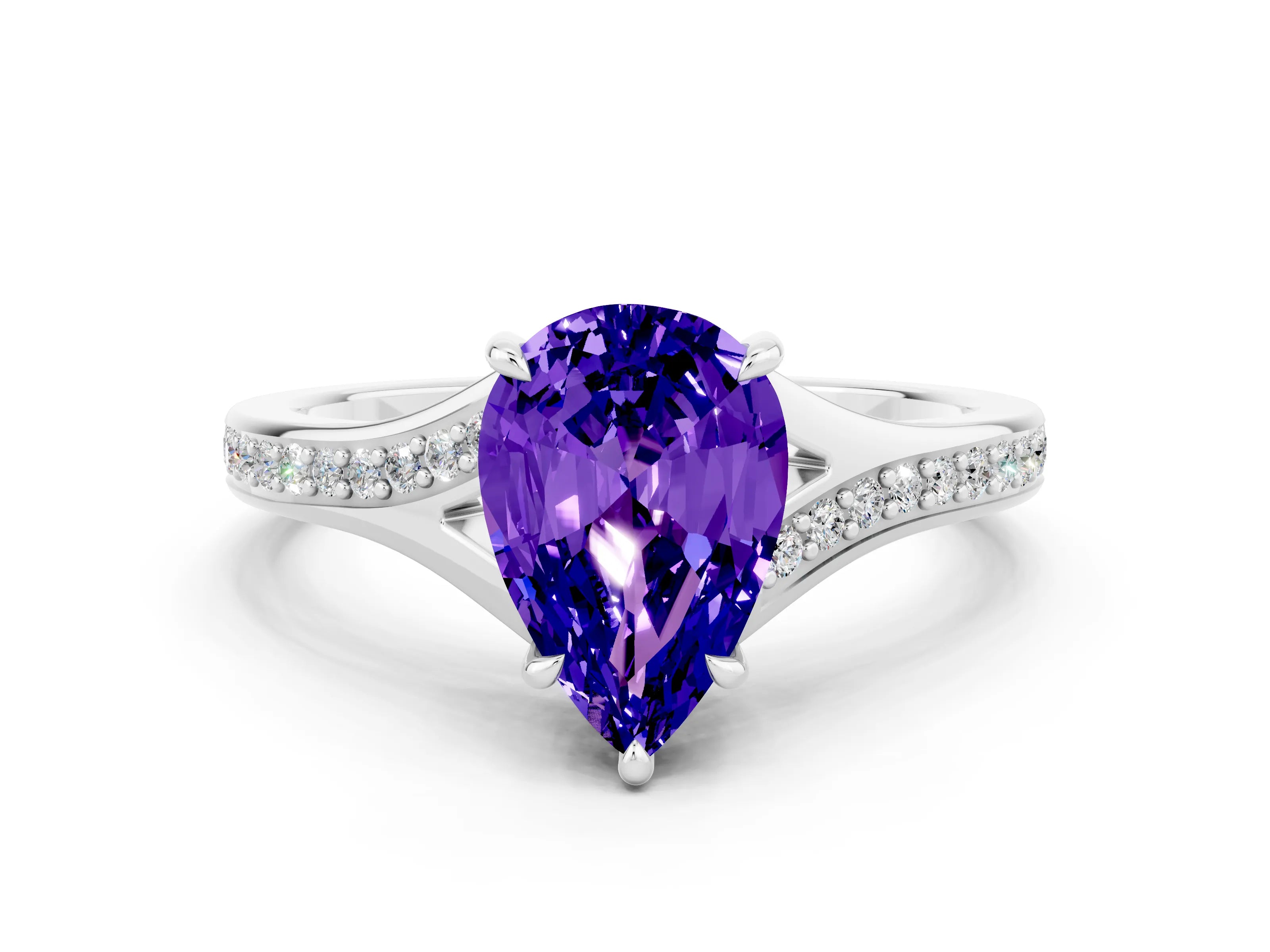 White gold Pear Cut Tanzanite Solitaire Ring with Pavé Band and Prong Setting