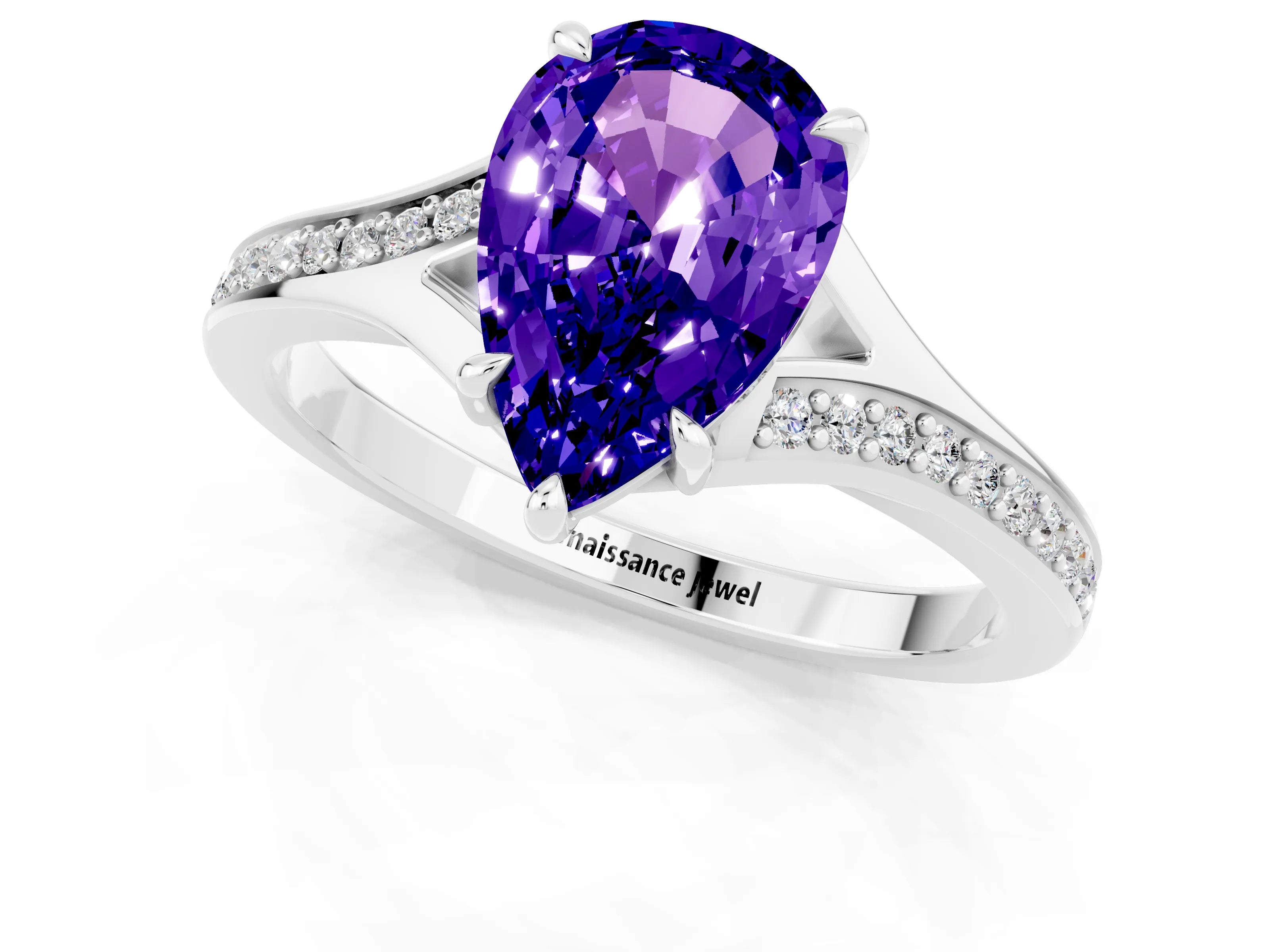 White gold Pear Cut Tanzanite Solitaire Ring with Pavé Band and Prong Setting_1
