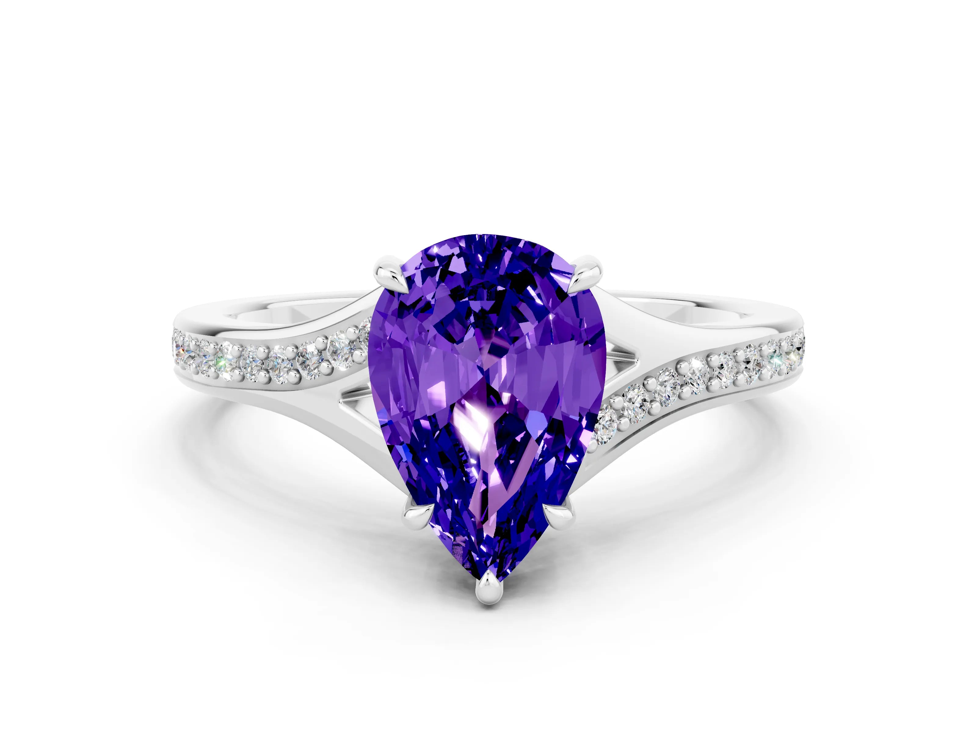 White gold Pear Cut Tanzanite Solitaire Ring with Pavé Band and Prong Setting_12