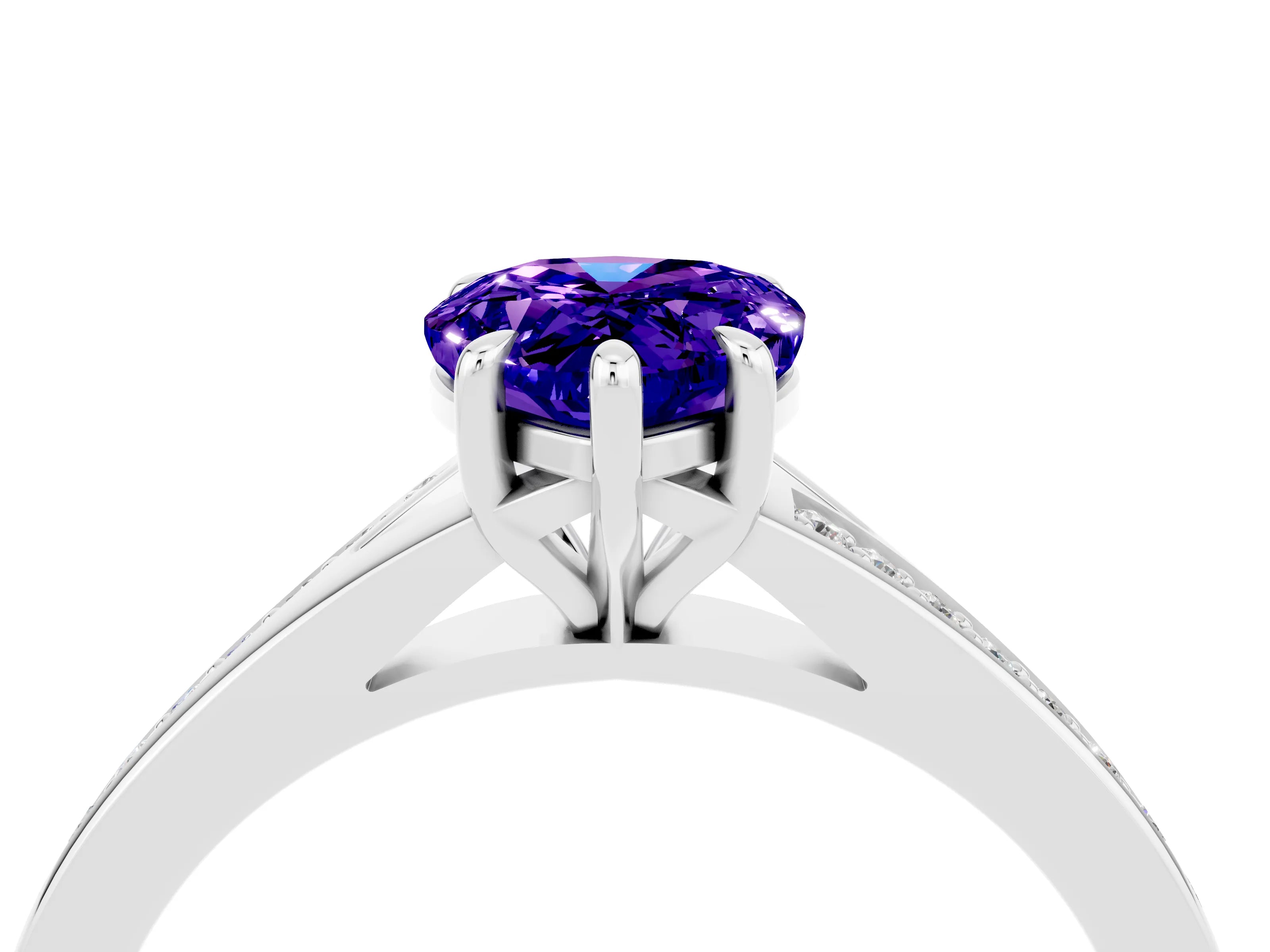 White gold Pear Cut Tanzanite Solitaire Ring with Pavé Band and Prong Setting_16