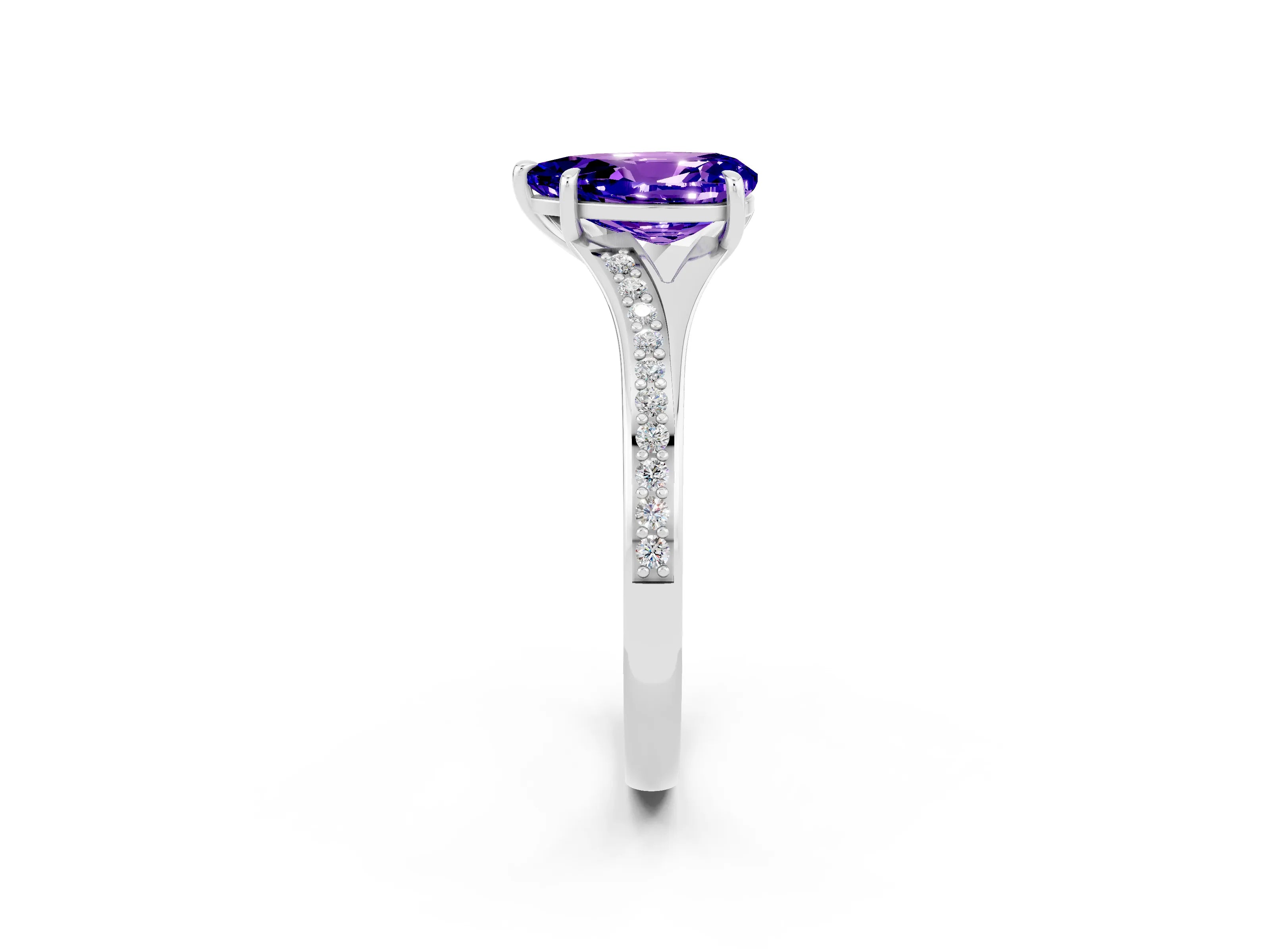 White gold Pear Cut Tanzanite Solitaire Ring with Pavé Band and Prong Setting_2