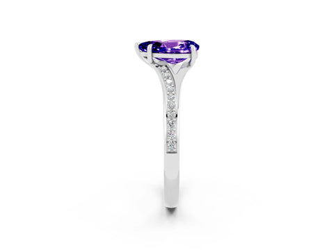 White gold Pear Cut Tanzanite Solitaire Ring with Pavé Band and Prong Setting_2
