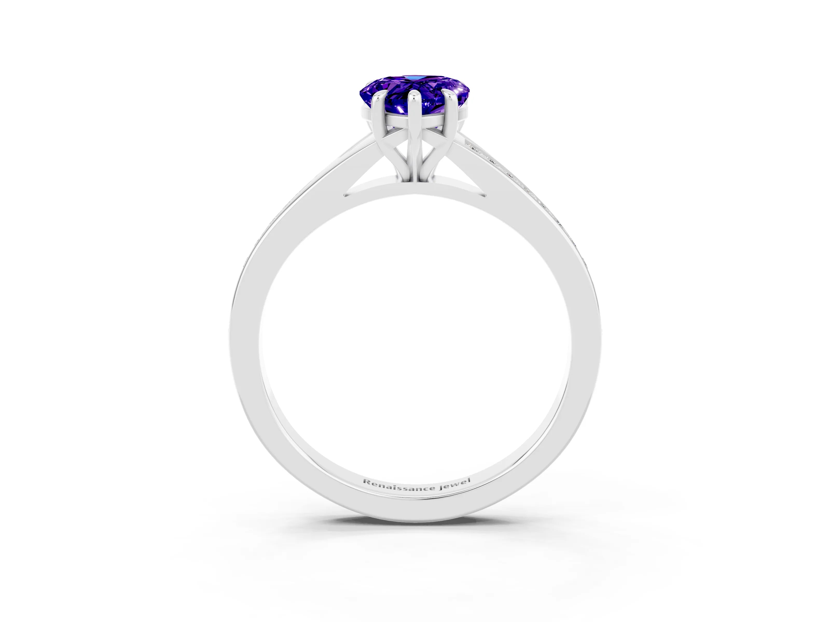 White gold Pear Cut Tanzanite Solitaire Ring with Pavé Band and Prong Setting_3