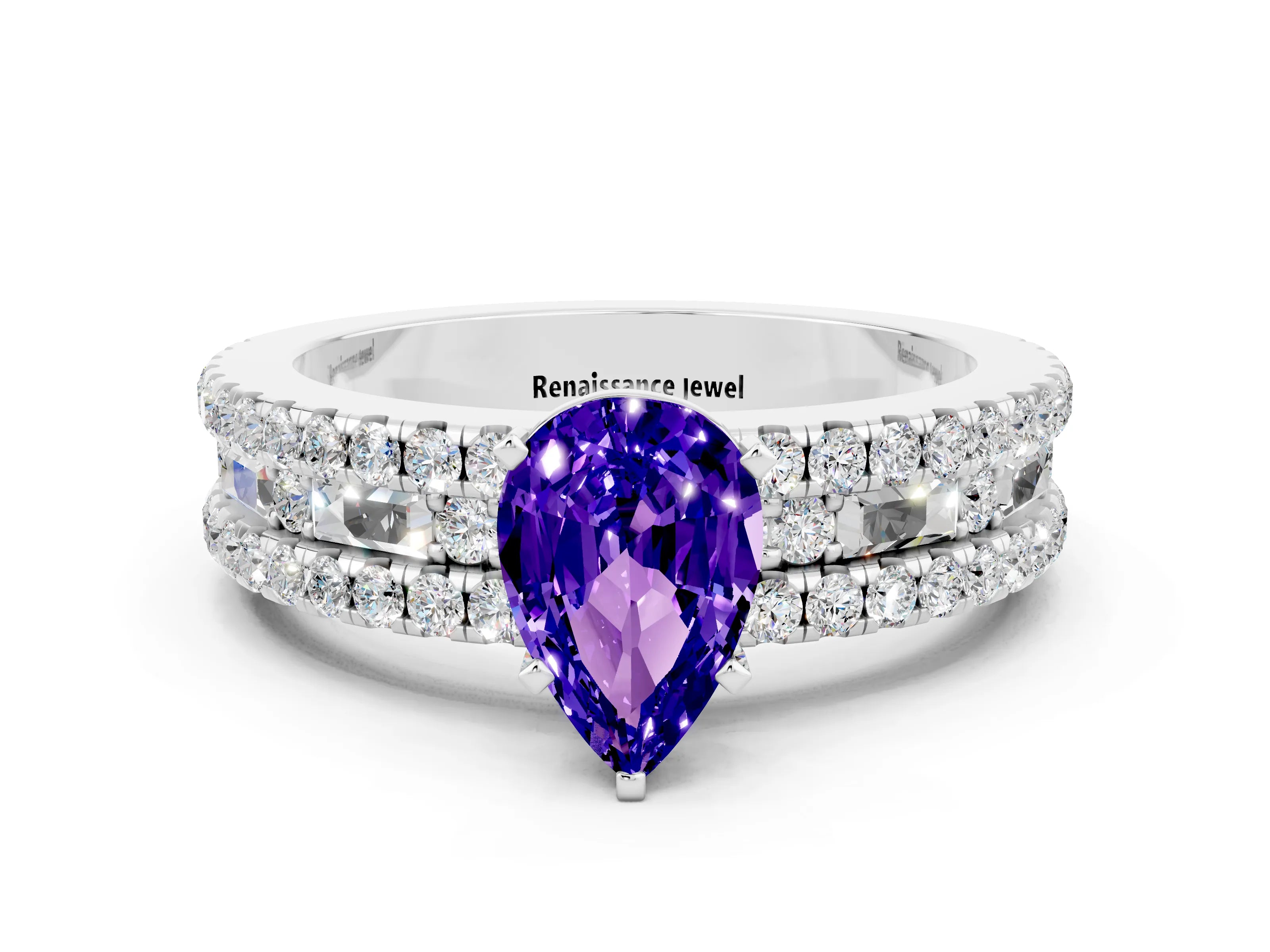 White gold Pear Cut Tanzanite Solitaire Ring with Pavé and Channel Set Band
