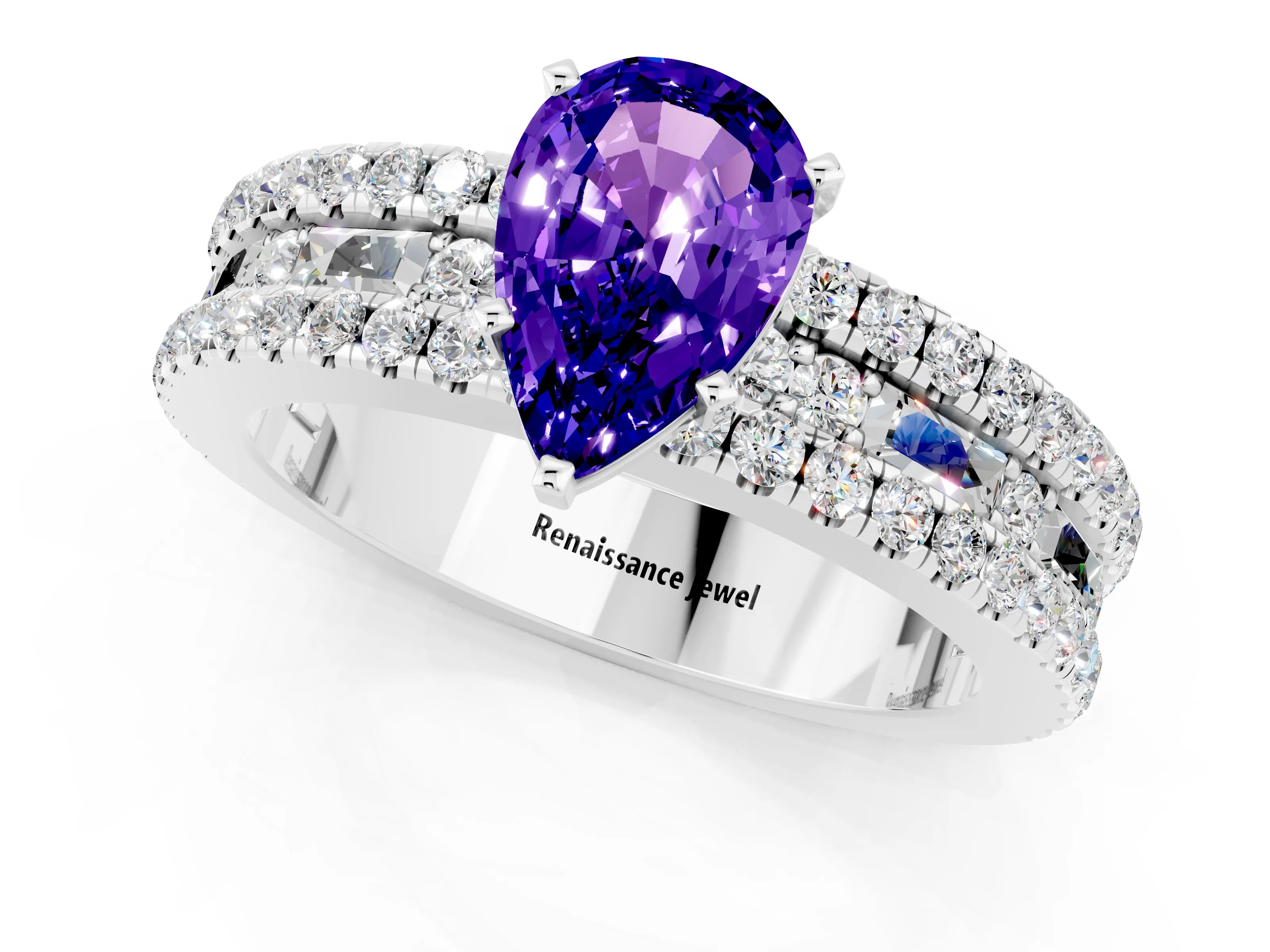 White gold Pear Cut Tanzanite Solitaire Ring with Pavé and Channel Set Band_1
