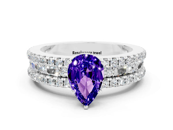 White gold Pear Cut Tanzanite Solitaire Ring with Pavé and Channel Set Band