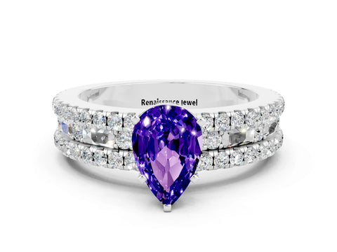 White gold Pear Cut Tanzanite Solitaire Ring with Pavé and Channel Set Band