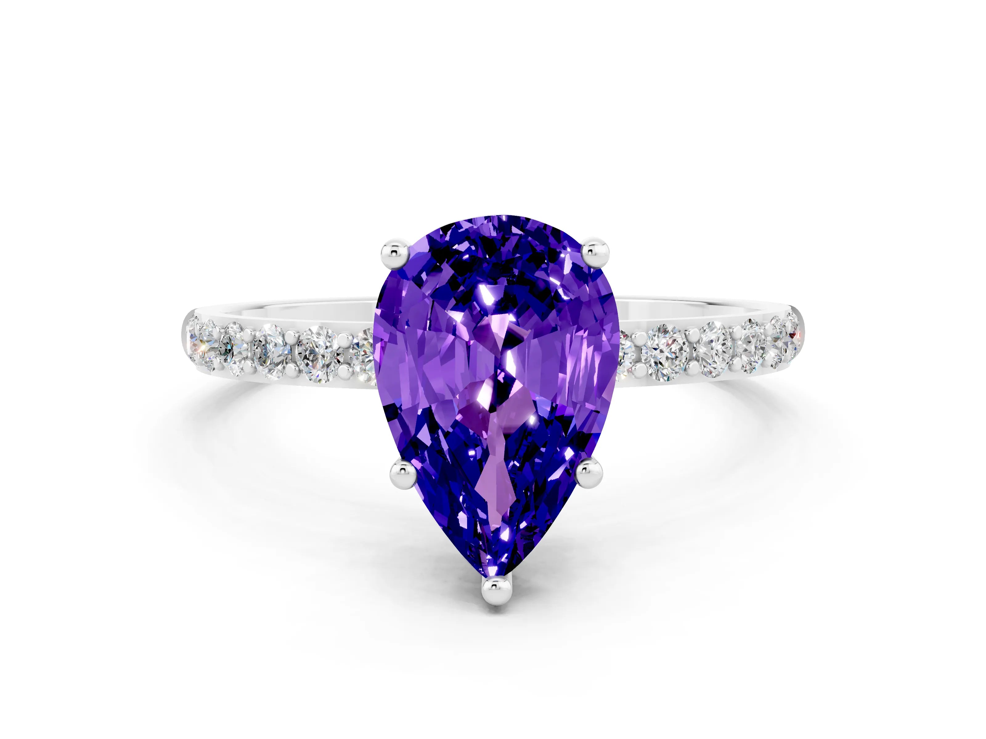 White gold Pear Cut Tanzanite Solitaire Ring with Pave Band and Four Prong Setting_12