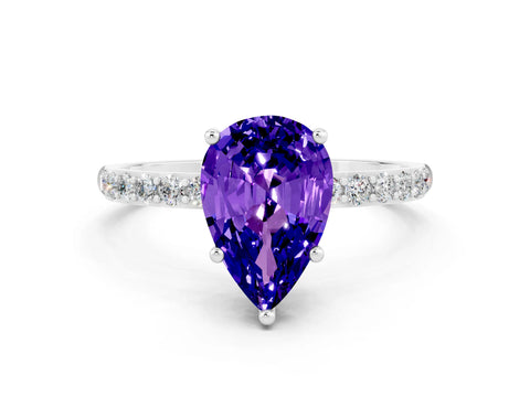 White gold Pear Cut Tanzanite Solitaire Ring with Pave Band and Four Prong Setting_12