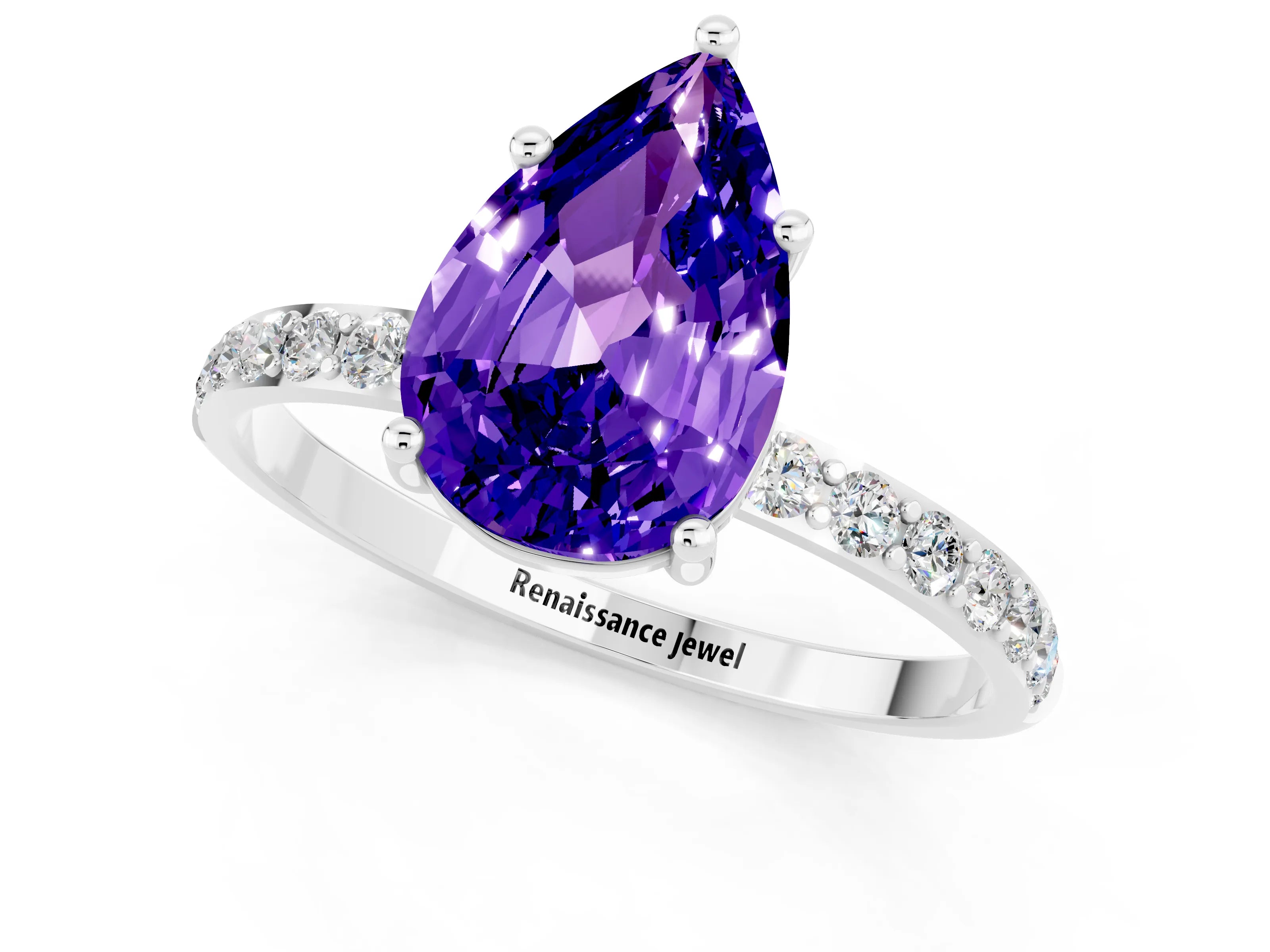White gold Pear Cut Tanzanite Solitaire Ring with Pave Band and Four Prong Setting_13