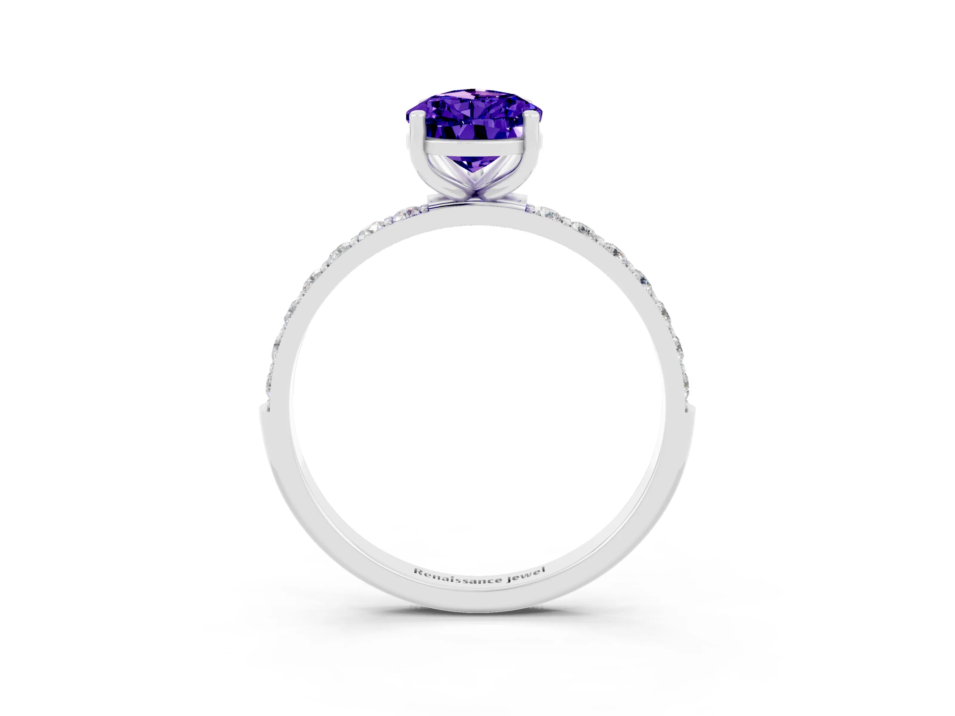 White gold Pear Cut Tanzanite Solitaire Ring with Pave Band and Four Prong Setting_15