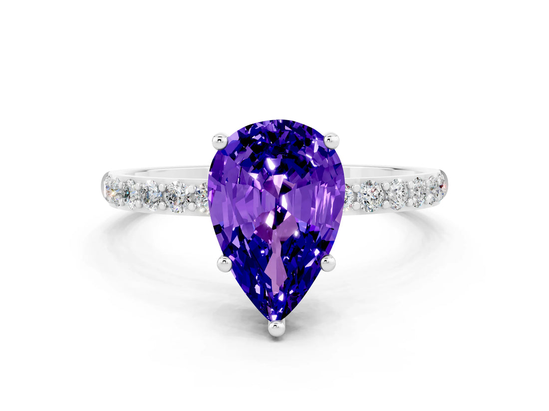 White gold Pear Cut Tanzanite Solitaire Ring with Pave Band and Four Prong Setting_24