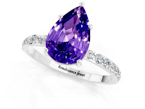 White gold Pear Cut Tanzanite Solitaire Ring with Pave Band and Four Prong Setting_25