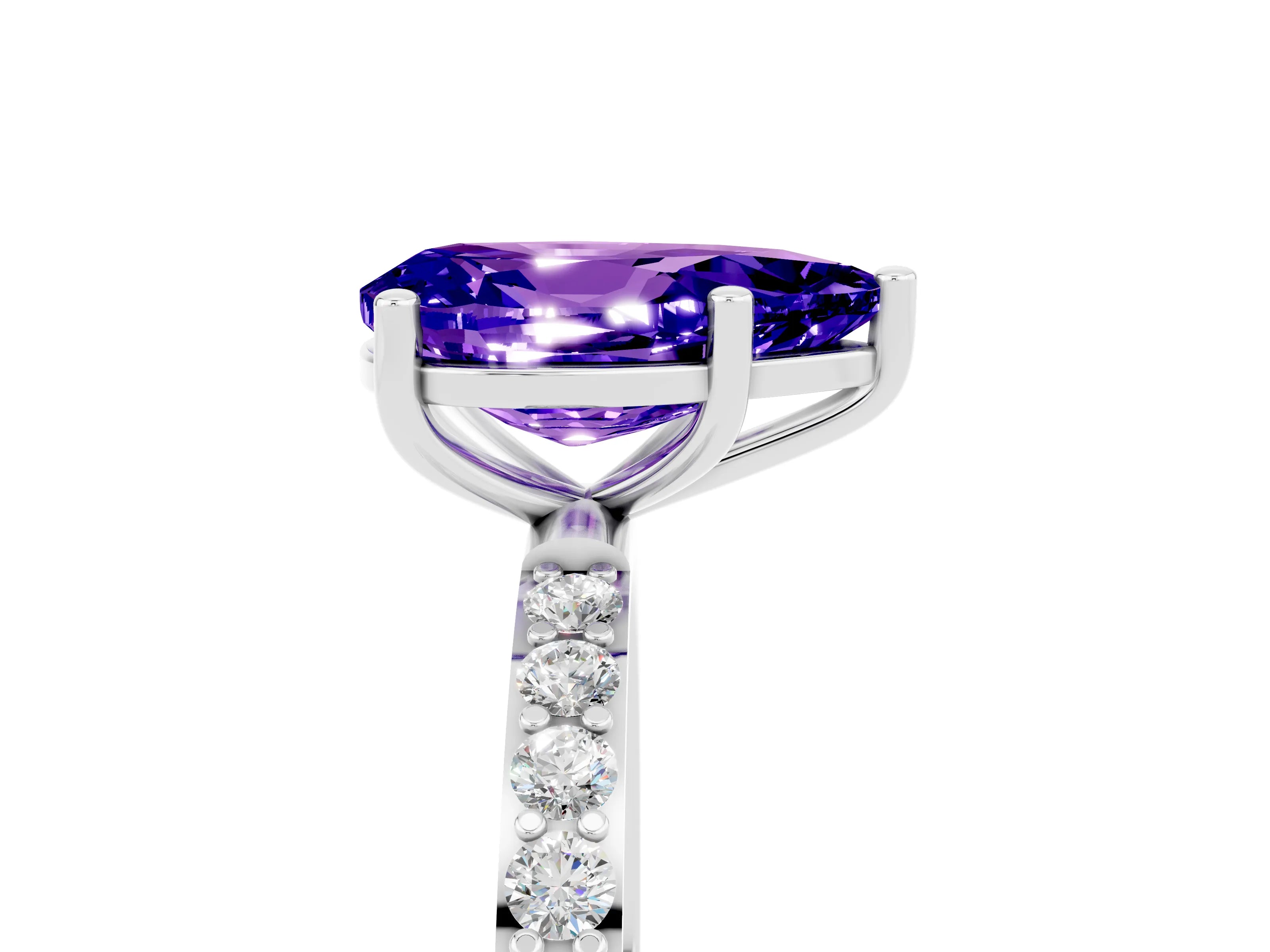 White gold Pear Cut Tanzanite Solitaire Ring with Pave Band and Four Prong Setting_29
